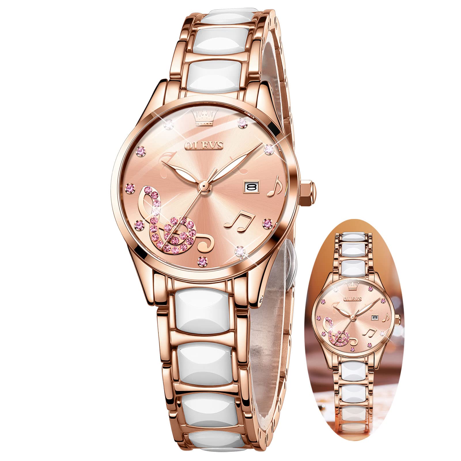 OLEVS Women's Automatic Watch with Two-Tone Stainless Steel & Ceramic Bracelet, Rose Gold Diamond Dress Watch - Blue/Red/White Dial - Perfect for Office, Party & Special Occasions