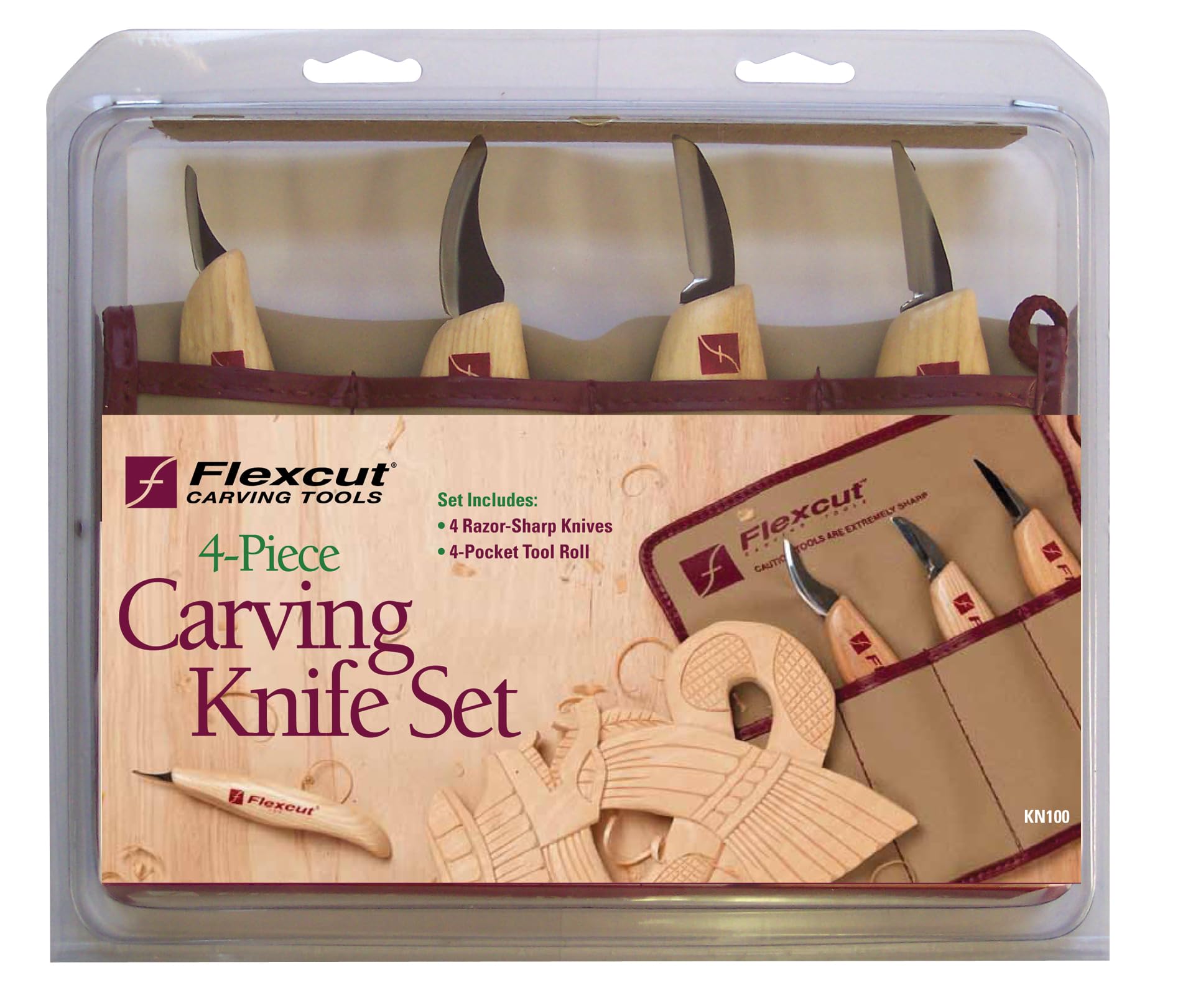 Flexcut KN100 4-Piece Wood Carving Knife Set - Premium 1095 High Carbon Steel Blades with Ash Wood Handles & Storage Roll - Professional Whittling Tools for Woodworking, DIY Crafts & Hobby Projects