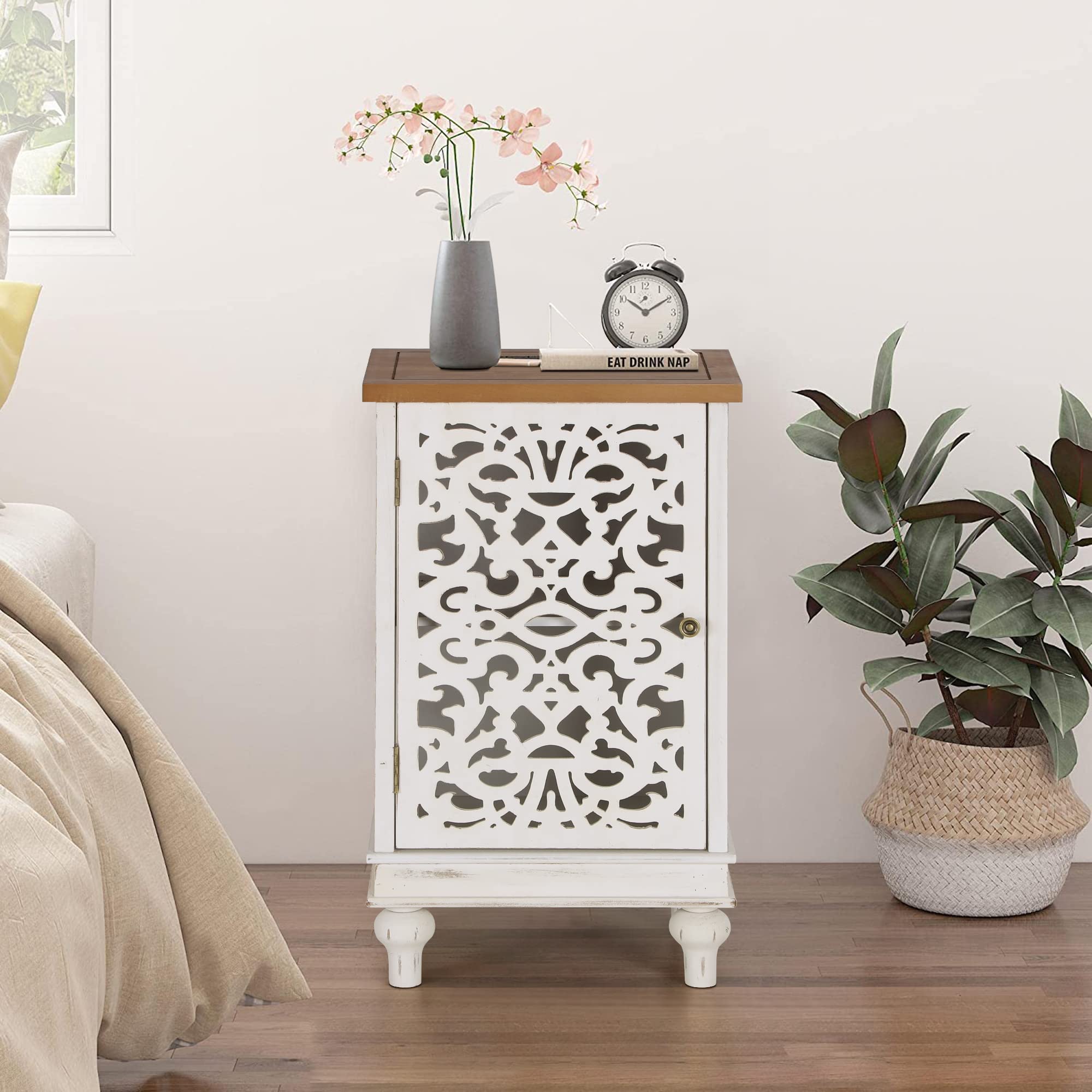 PHI VILLA Small Accent Storage Cabinet with Single Door - White Decorative Nightstand for Living Room & Bedroom, End Side Table with Storage | Perfect for Organizing Books, Blankets & Bedroom Essentials