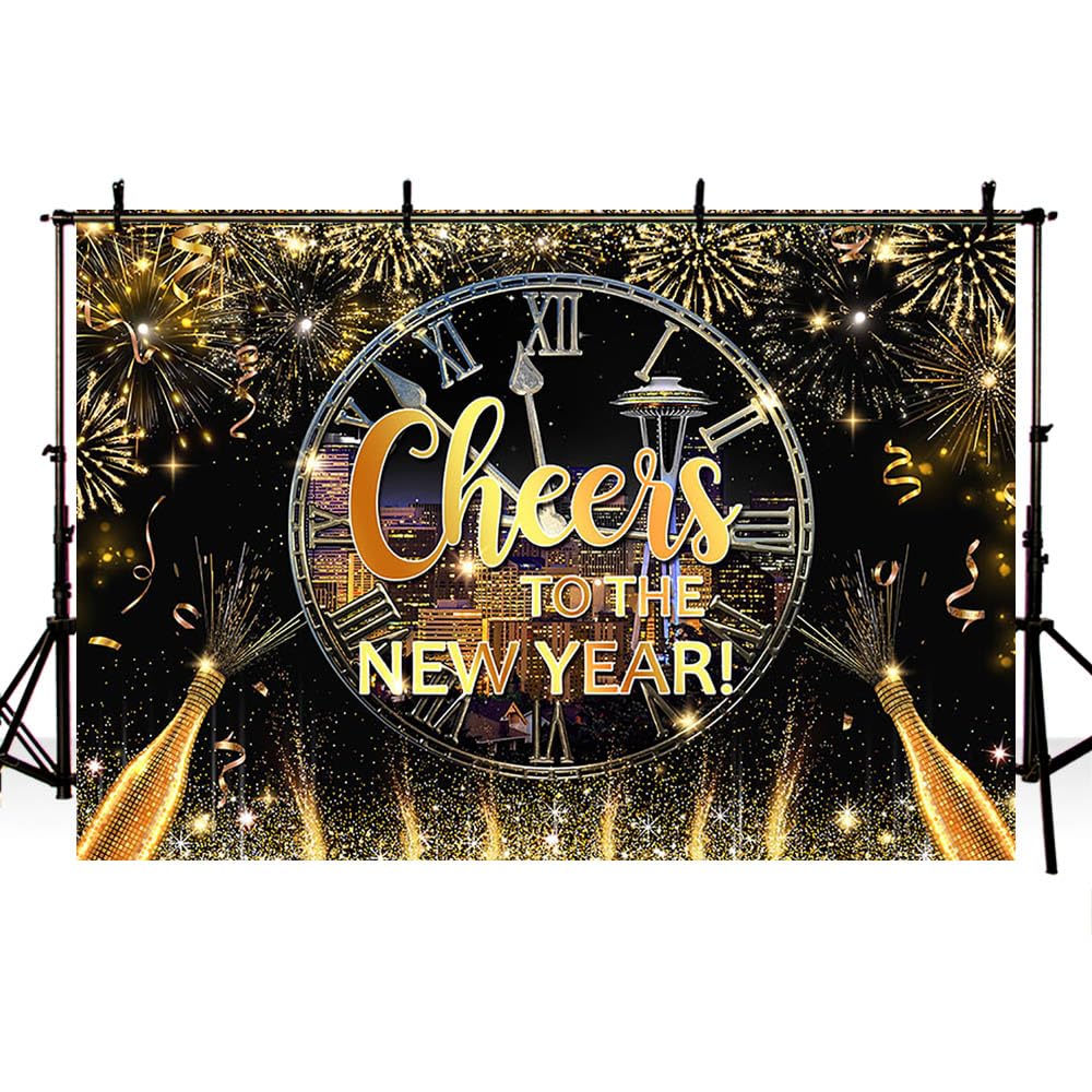 7x5ft Black Gold Happy New Year Backdrop 2025 - Kiss Me at Midnight Photography Background for New Year's Eve Party Decorations, City Night Firework Champagne Banner Photo Props - Perfect for NYE Celebrations, Countdown Parties & Social Media Photos