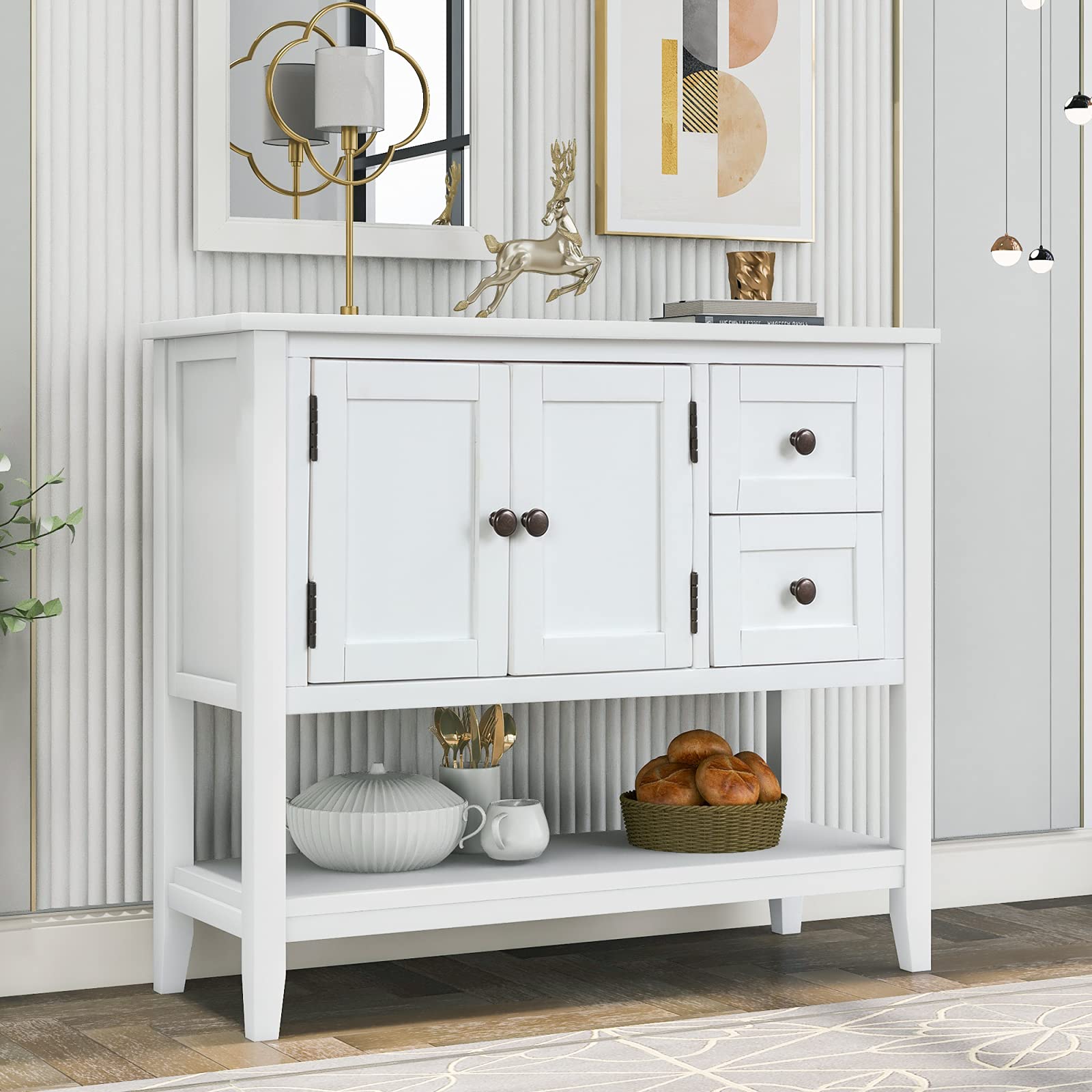36-Inch Narrow Farmhouse Console Table with Drawers - Solid Wood Buffet Cabinet for Dining Room, Living Room, Entryway & Hallway - White Retro Storage Sideboard (36