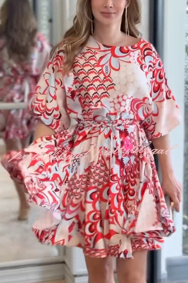 **Stylish Printed Round Neck Short Sleeve Waist Tie Mini Dress for Women - Perfect for Vacation, Beach, and Summer Outfits**