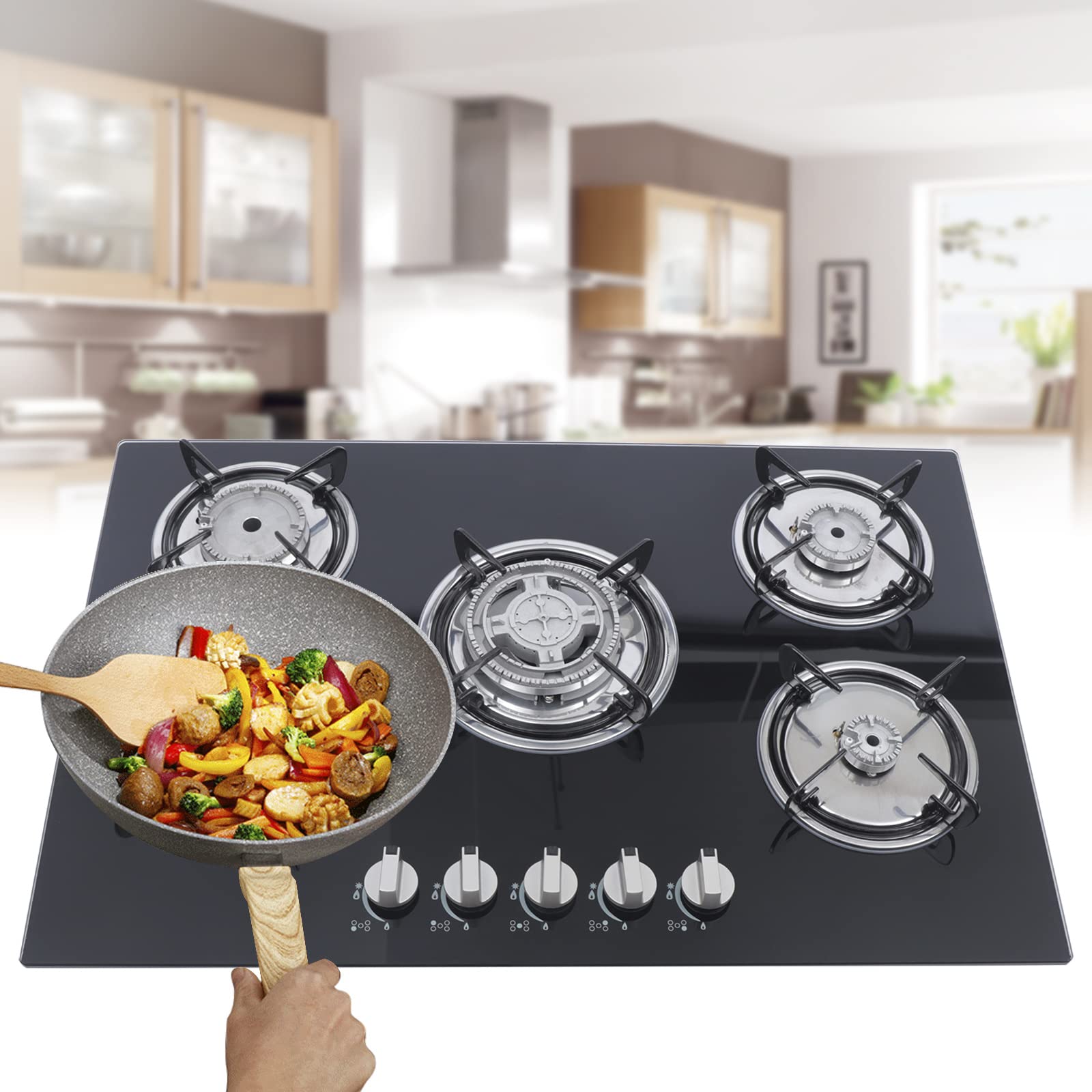 30 Inch 5 Burner Built-in Gas Cooktop with Tempered Glass Surface - LPG/NG Compatible Stove with Flameout Protection (770x510mm) - Perfect for Modern Kitchens, Home Cooking & Professional Chefs
