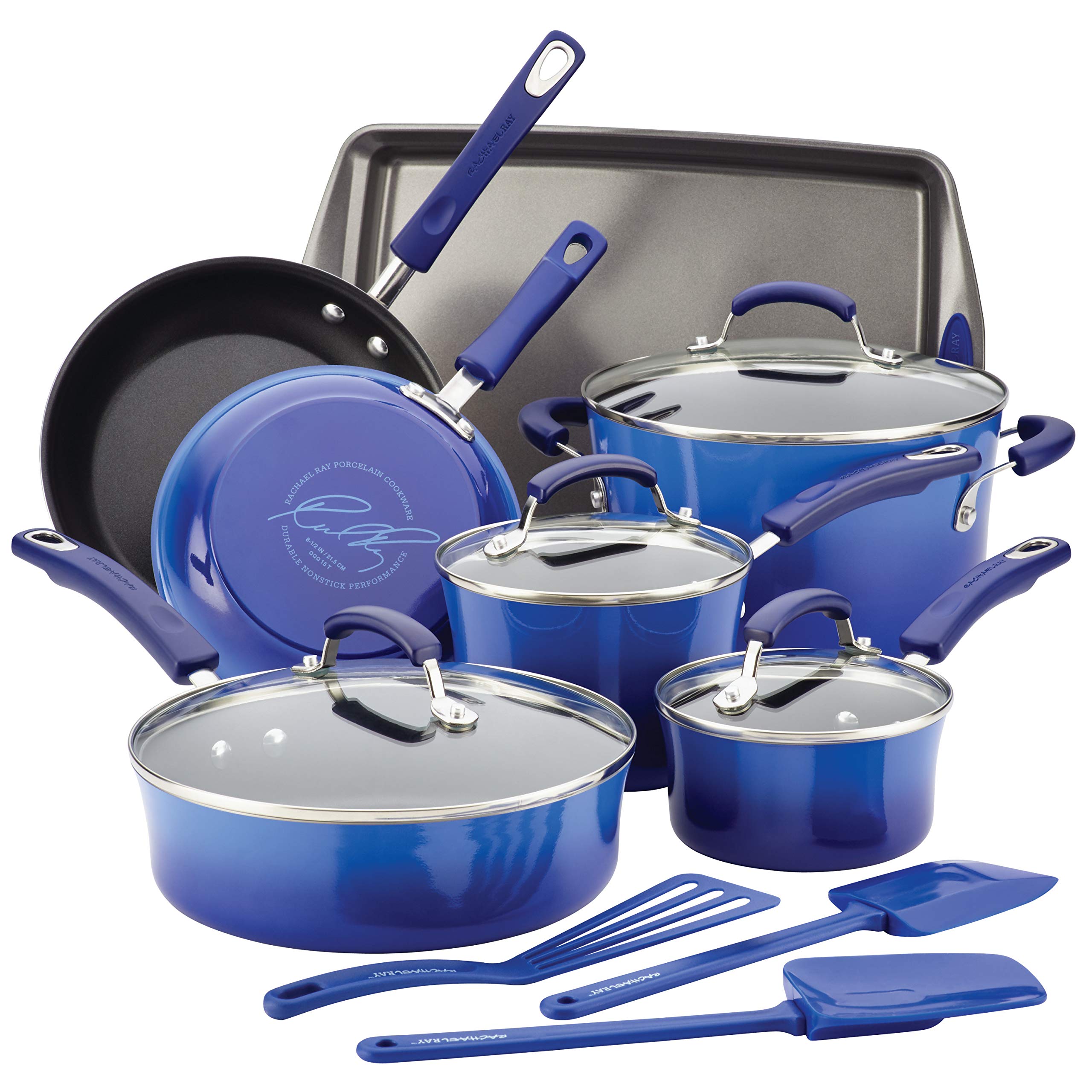 Rachael Ray Brights Nonstick Cookware Set - 14-Piece Blue Gradient Pots and Pans for Everyday Cooking & Family Meals | Durable & Easy Clean Kitchen Essentials for Baking, Frying & Sauteing