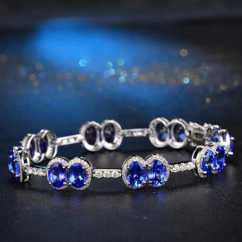 13.34ctw Oval Natural Tanzanite & Diamond Pave Bracelet in 14K Gold (Au585) - Elegant Caimao Jewelry for Women, Perfect for Weddings, Anniversaries & Special Occasions