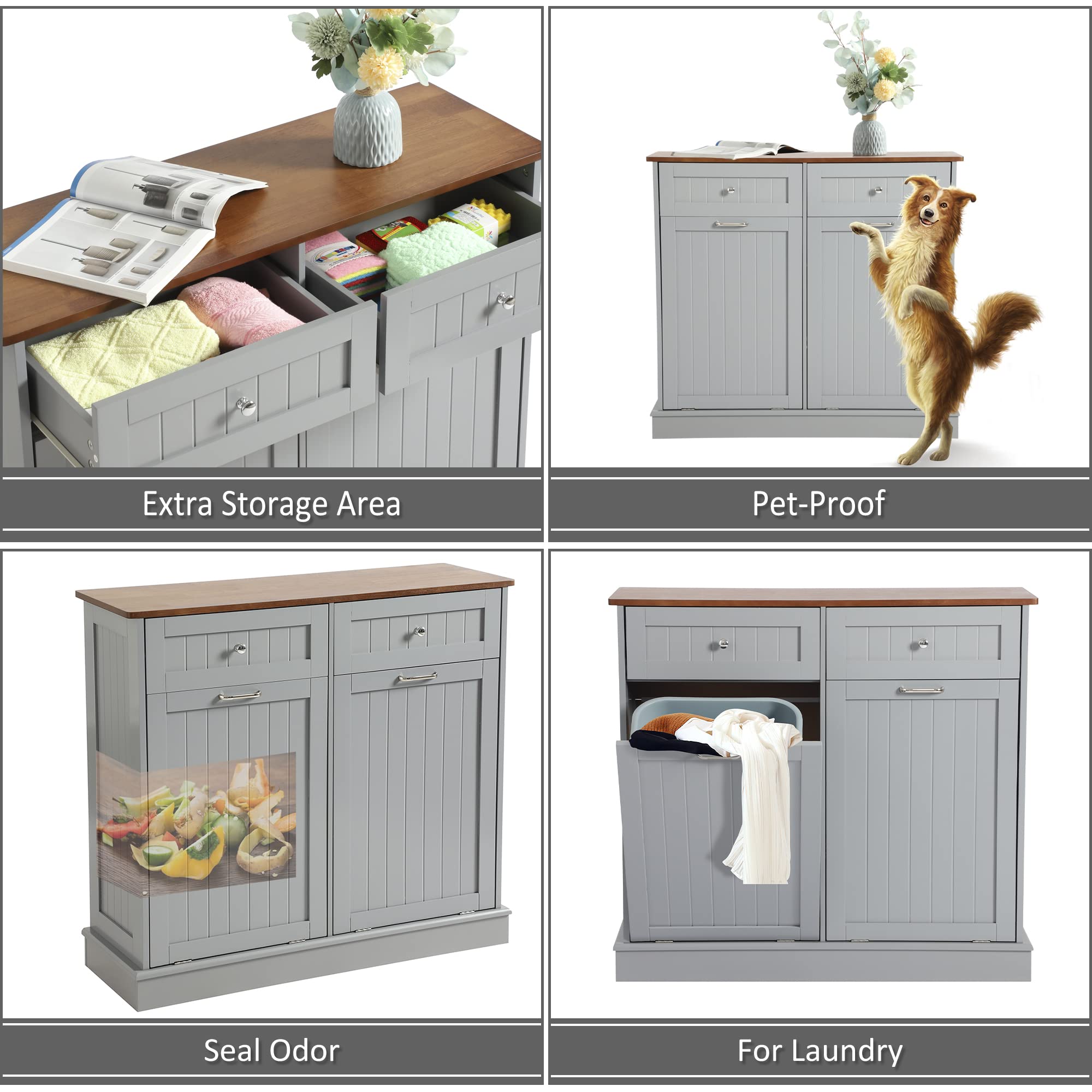 KIGOTY Double Tilt Out Trash Cabinet - Pet Proof Kitchen Trash Can with Countertop & Storage Drawer - Wooden Laundry Hamper Organizer for Kitchen, Bathroom, Laundry Room - Grey (Perfect for Small Spaces & Pet Owners)