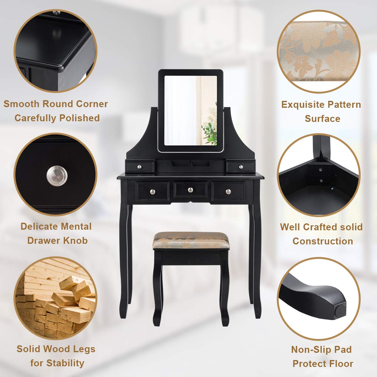 Charmaid Vanity Makeup Table Set with Mirror & Cushioned Stool - 5-Drawer Dressing Table with Removable Storage Organizers - Elegant Black Makeup Vanity for Women & Girls - Perfect for Bedroom, Dorm Room & Beauty Salon