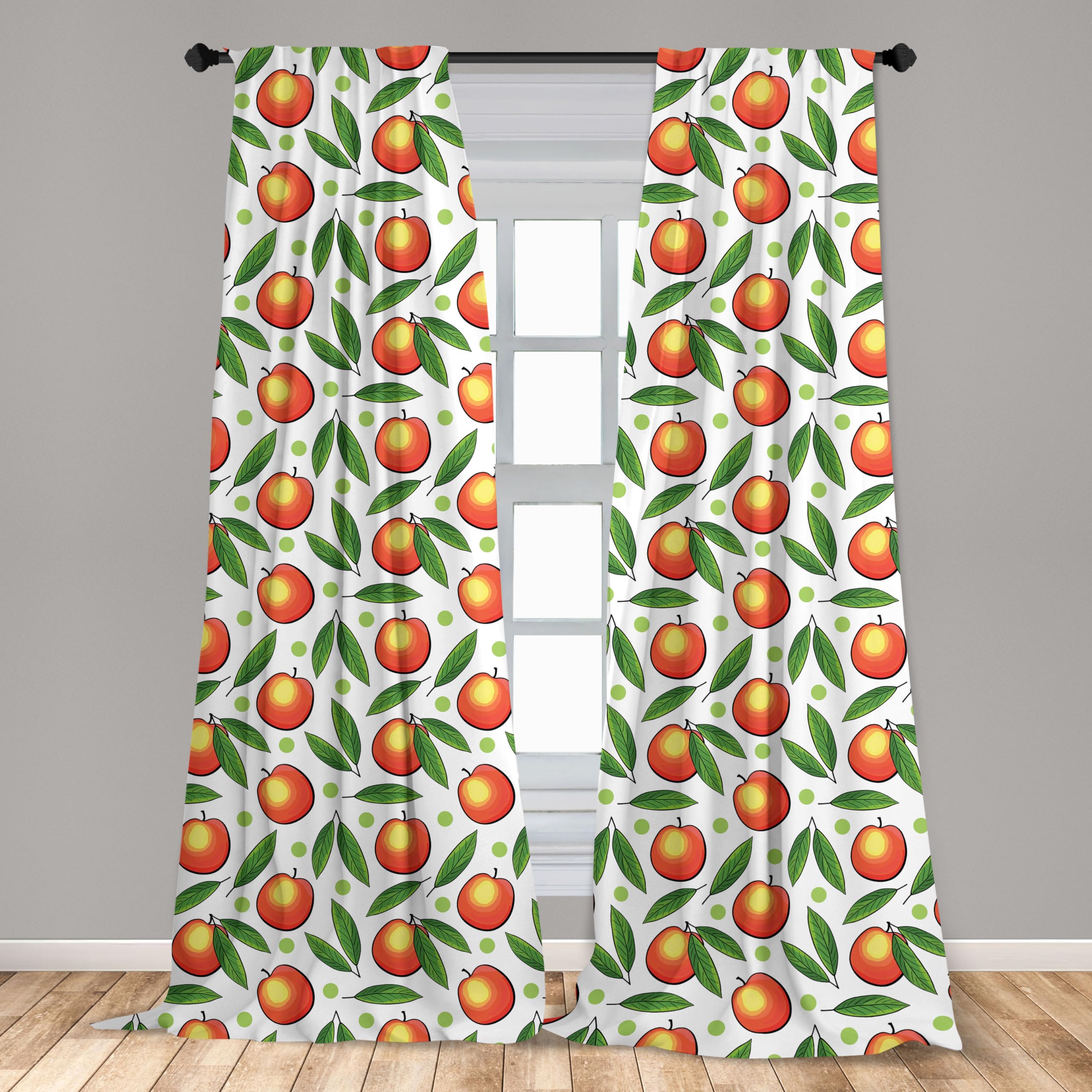 Ambesonne Fruits Curtains - Peach & Leaf Pattern with Polka Dots on White Background, 2 Panel Set (28