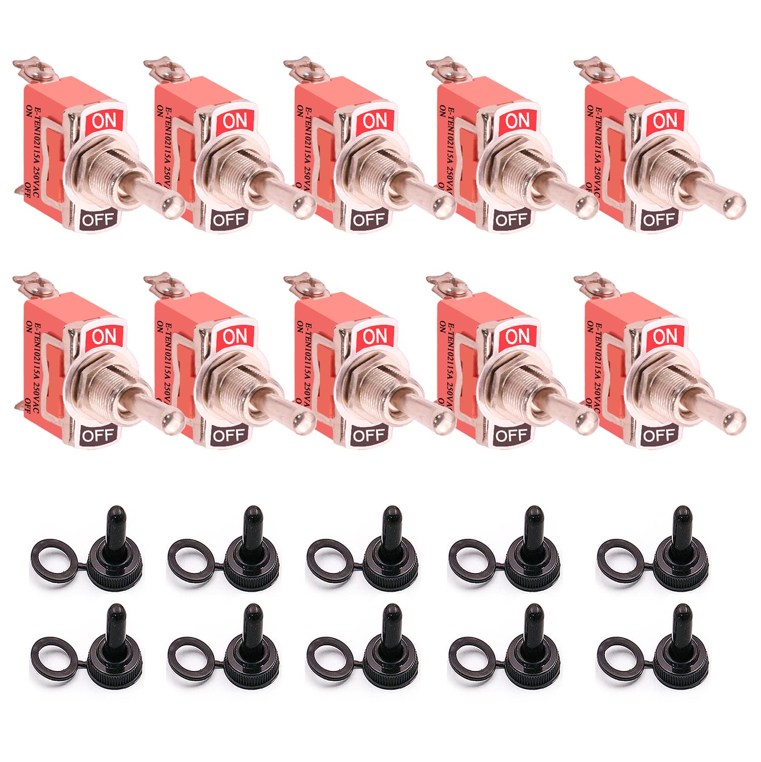 10-Pack Waterproof Toggle Switch - 2 Position 2 Pin ON/Off Metal Heavy Duty Switch (15A 250V) with Waterproof Boot Cap - Ideal for Marine, Automotive, and Outdoor Electrical Applications