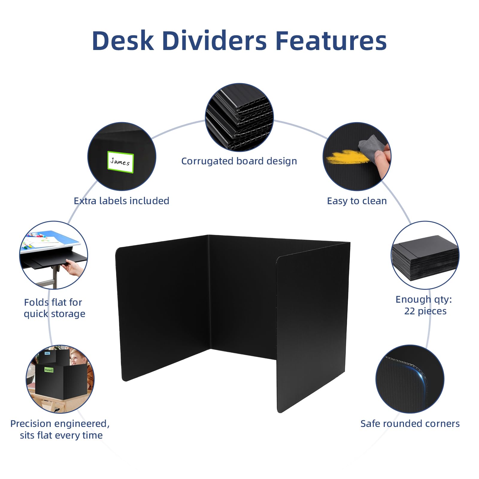22-Pack Durable & Waterproof Plastic Desk Dividers for Students - Privacy Shields for Classroom & Study, Easy-to-Clean Teacher Supplies (Black) - Perfect for Test Taking, Focus Study & Social Distancing in Schools