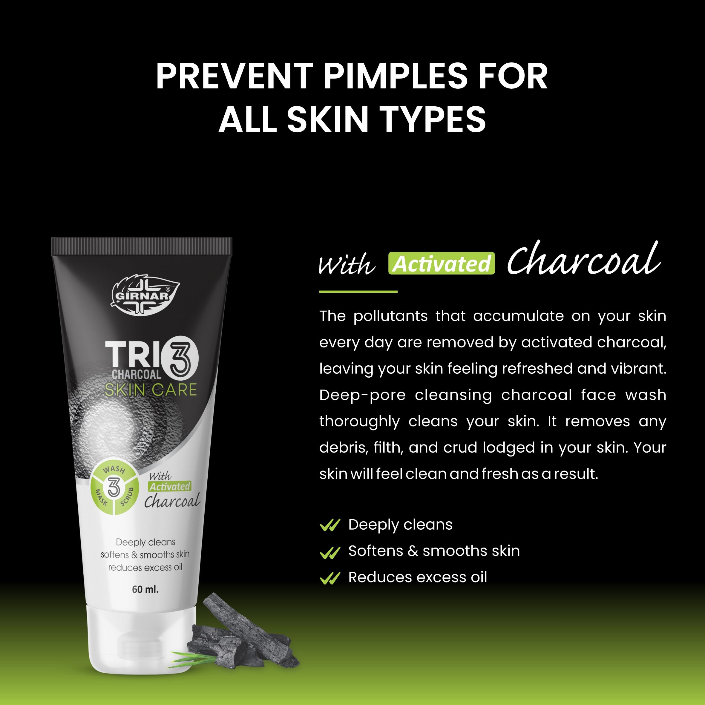 Girnar Trio Charcoal Face Wash - Deep Cleansing & Detoxifying for Clear Skin | 60ml x 3 | Perfect for Daily Skincare Routine