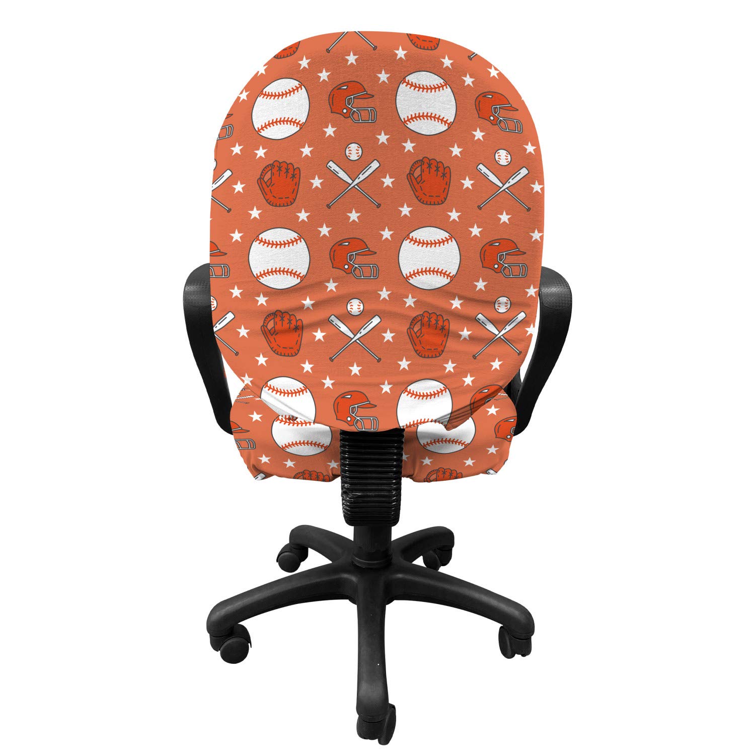 Lunarable Baseball Office Chair Slipcover - Softball Sport Game Design with Balls, Gloves & Bats for Professional Players - Stretchable Protective Fabric Cover in Orange & White - Perfect for Sports Fans, Game Rooms & Office Decor