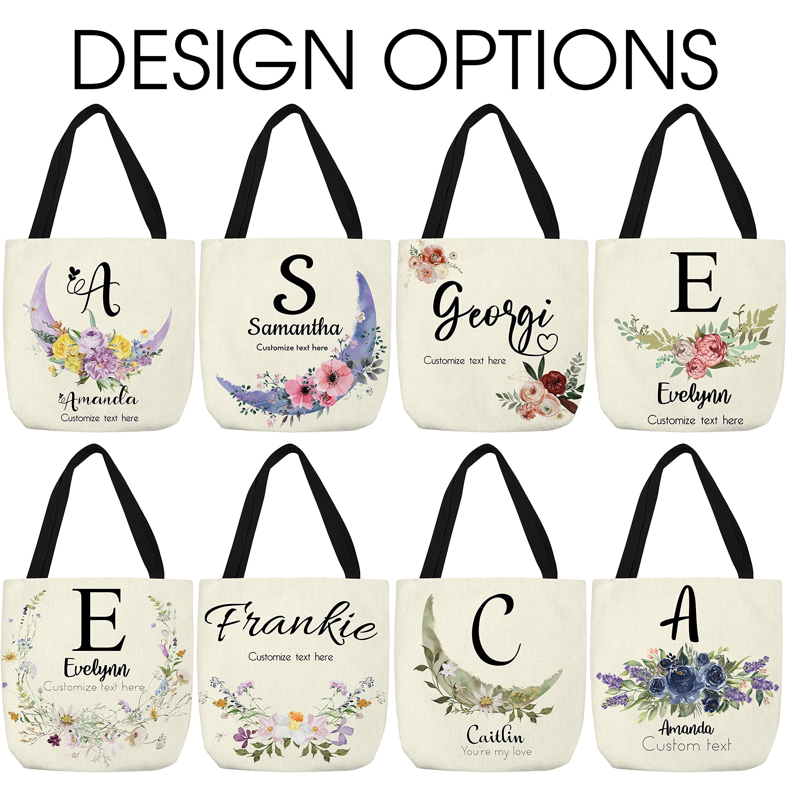 Custom Floral Letter & Name Personalized Tote Bags - Reusable Grocery Shopping Bags for Women - Eco-Friendly Cotton Canvas Handbag for Daily Use, Beach, Work & Gift Giving