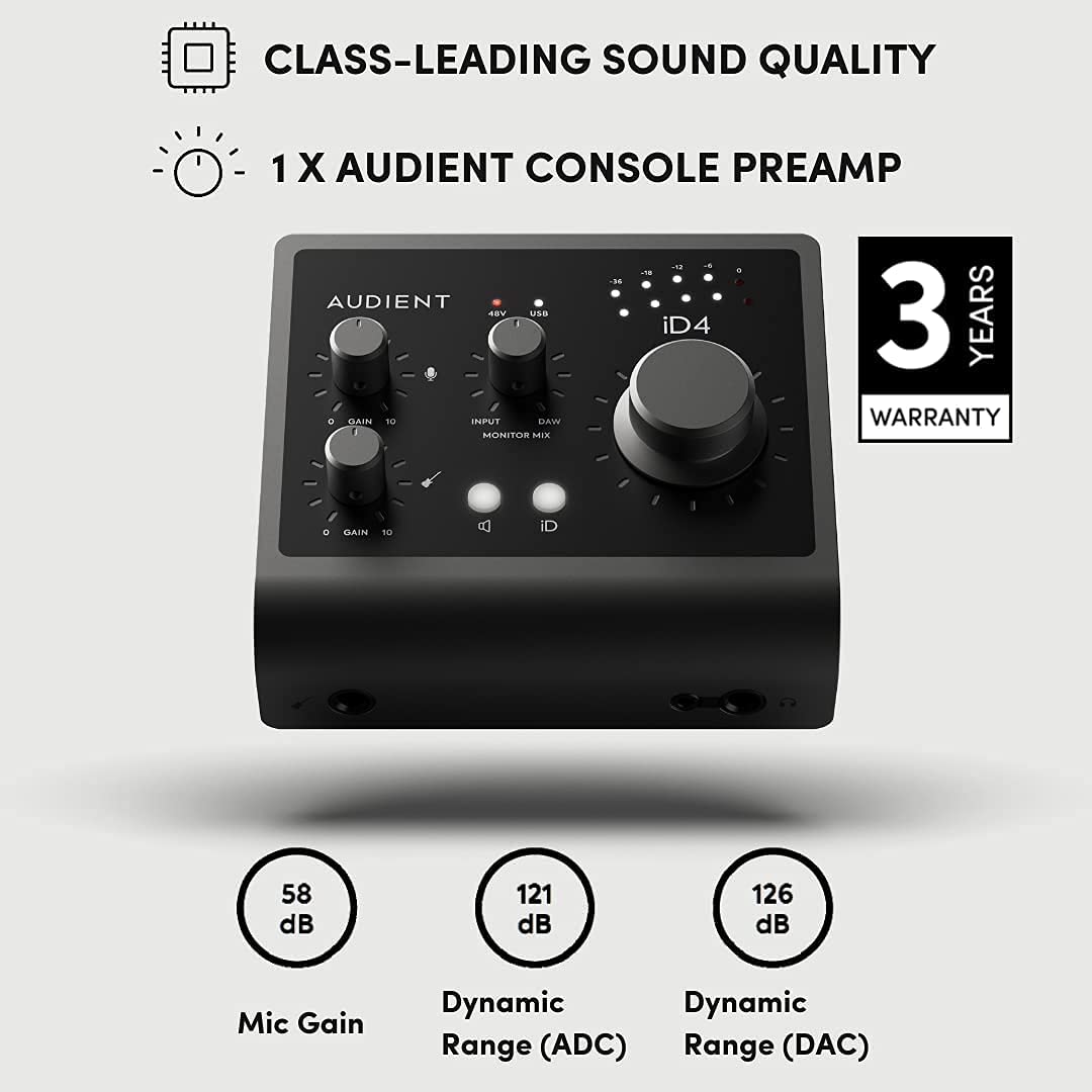 Audient iD4 MKII USB-C Audio Interface Bundle - Professional Studio Recording with Over-Ear Headphones & XLR Mic Cable for Podcasting, Music Production & Home Studio Setup