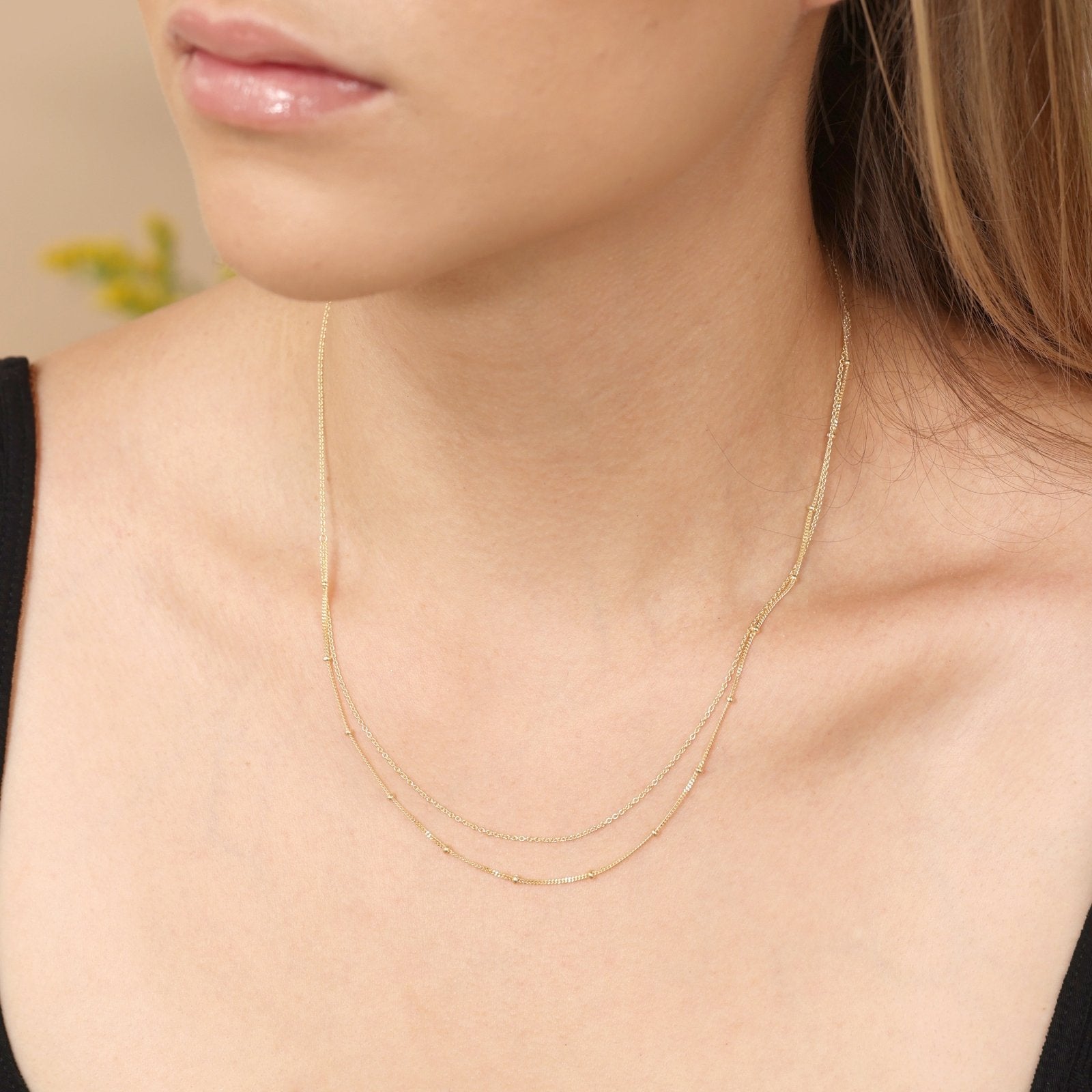 14K Solid Yellow Gold Beaded & Cuban Double Layer Chain Necklace - Elegant Layered Necklace for Women, Perfect for Parties, Weddings & Everyday Wear