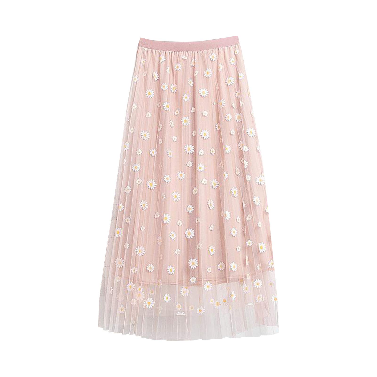 Women's Floral Daisy Print Chiffon Maxi Skirt - A-Line Double-Layered Flow Summer Skirt for Casual Wear, Beach, Vacation & Boho Outfits