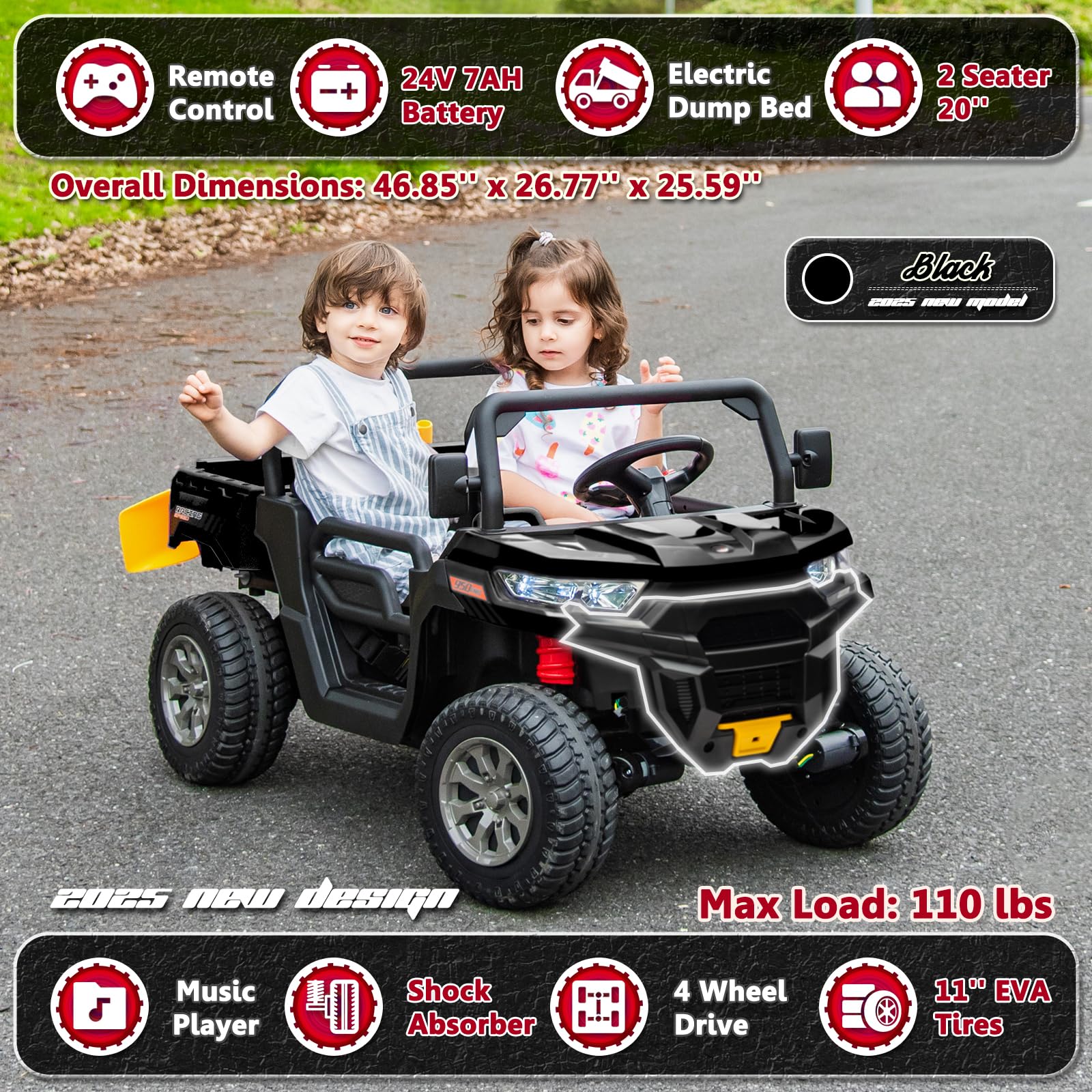 24V 2-Seater Electric Ride-On Toy Car for Kids with Remote Control, Dump Bed, 4WD, EVA Tires & Music - Perfect for Outdoor Play, Backyard Fun & Birthday Gifts (Black)
