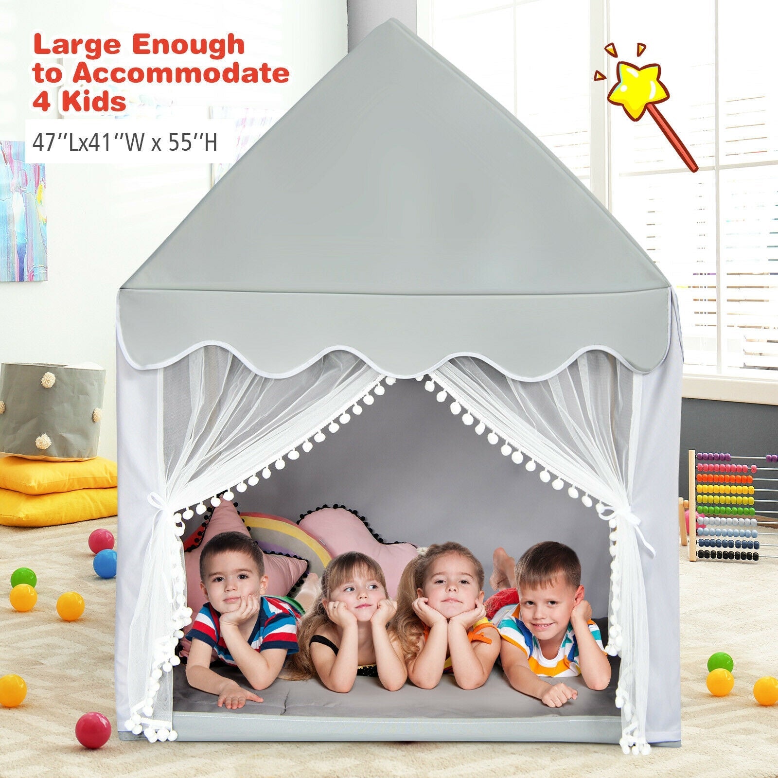 Large Kids Play Castle Fairy Tent with Mat - Gray Color for Indoor & Outdoor Playroom, Bedroom, and Backyard Fun