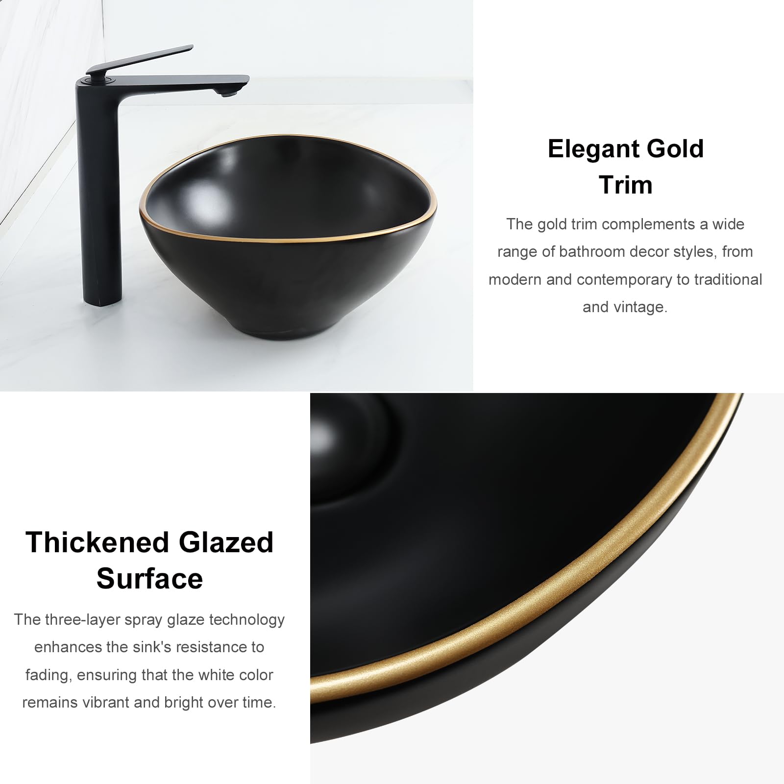 Matte Black Oval Vessel Sink with Gold Trim for Bathroom Countertop - Ceramic Above Counter Sink for Modern Bathrooms