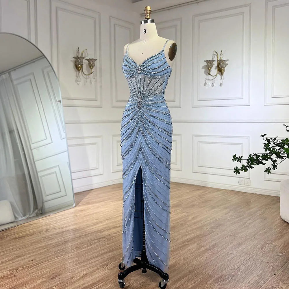 Elegant Dubai Blue Beaded Spaghetti Strap Mermaid Evening Gown with High Slit - Luxury Women's Formal Dress for Weddings, Galas & Red Carpet Events - Perfect for Prom, Cocktail Parties & Special Occasions