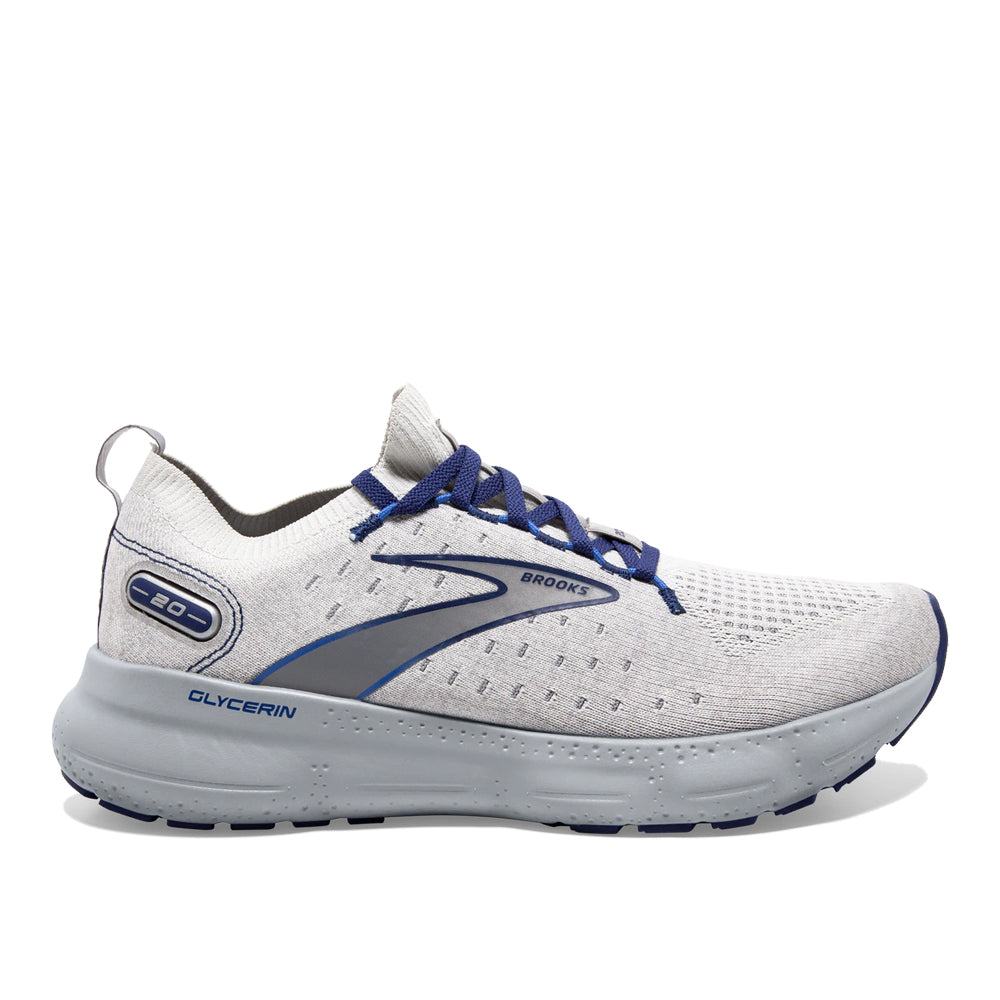Brooks Glycerin StealthFit 20 Running Shoes for Men - Oyster/Alloy/Blue Depths - Size 12.5 D Medium - Premium Cushioned Road Running Sneakers for Long Distance & Marathon Training