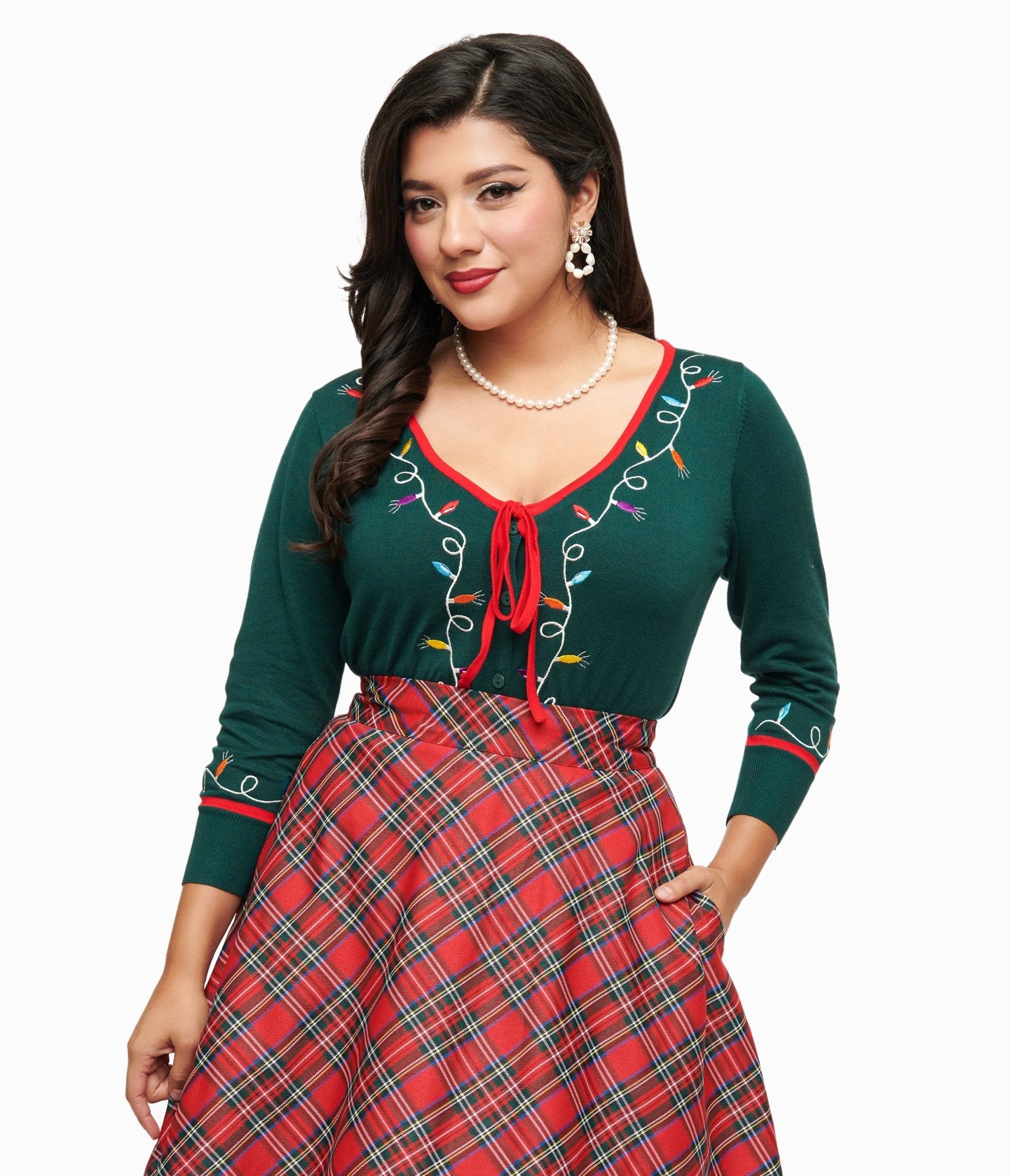 Vintage 1950s Green Holiday Lights Crop Cardigan - Retro Christmas Sweater for Women, Holiday Party Outfit, Festive Seasonal Fashion, Perfect for Xmas Photos & Ugly Sweater Contests