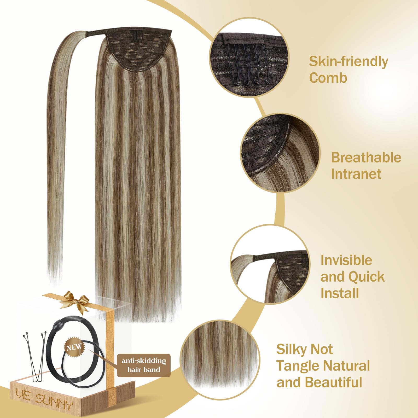 Ve Sunny 16inch Platinum Blonde Human Hair Ponytail Extension - 80g Straight Real Hair Highlights for Women | Perfect for Parties, Weddings & Everyday Styling