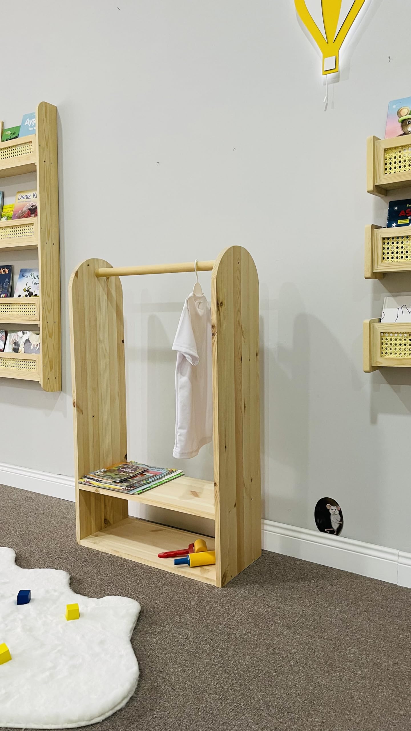 Montessori Dress Up Clothes Storage for Girls - Handmade Solid Pine Wood Wardrobe with Hanging Rod - Kids Clothing Rack & Toddler Garment Organizer for Bedroom - Perfect for Pretend Play & Nursery Organization