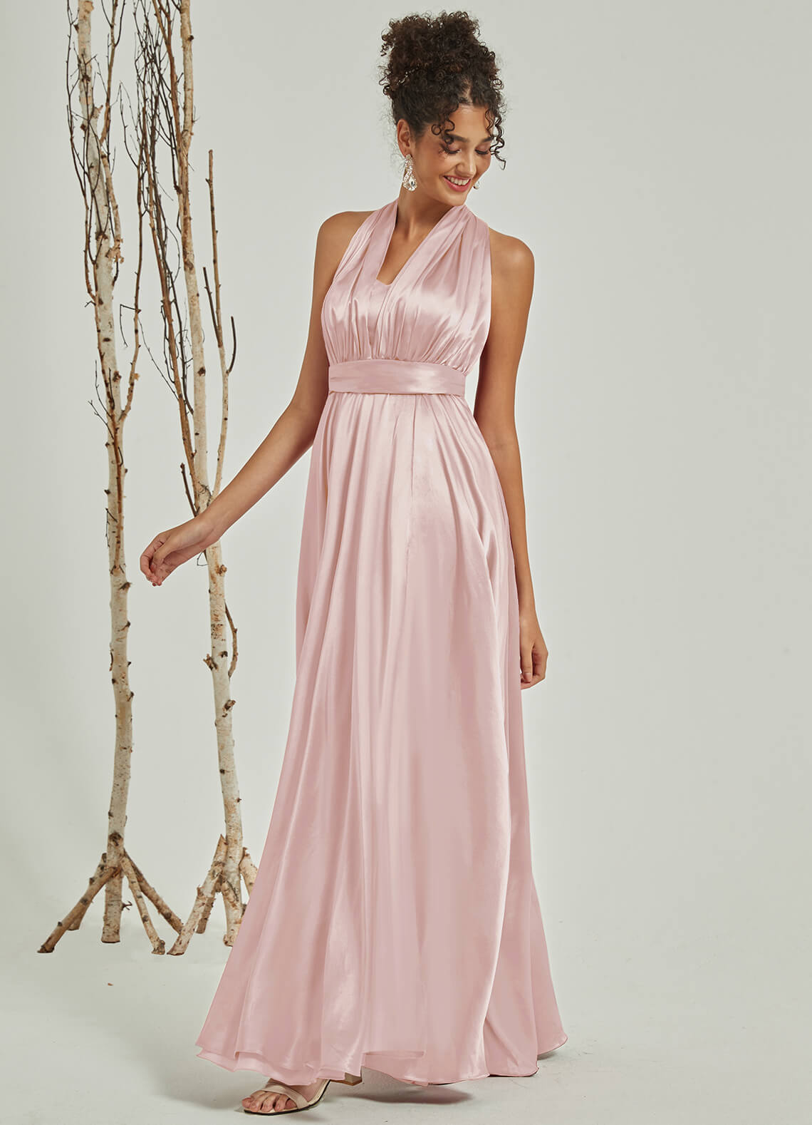 Blush Satin Convertible Bridesmaid Dress - Multi-Way Wrap A-Line Gown for Weddings, Prom & Formal Events | Adjustable Straps & Flowy Skirt