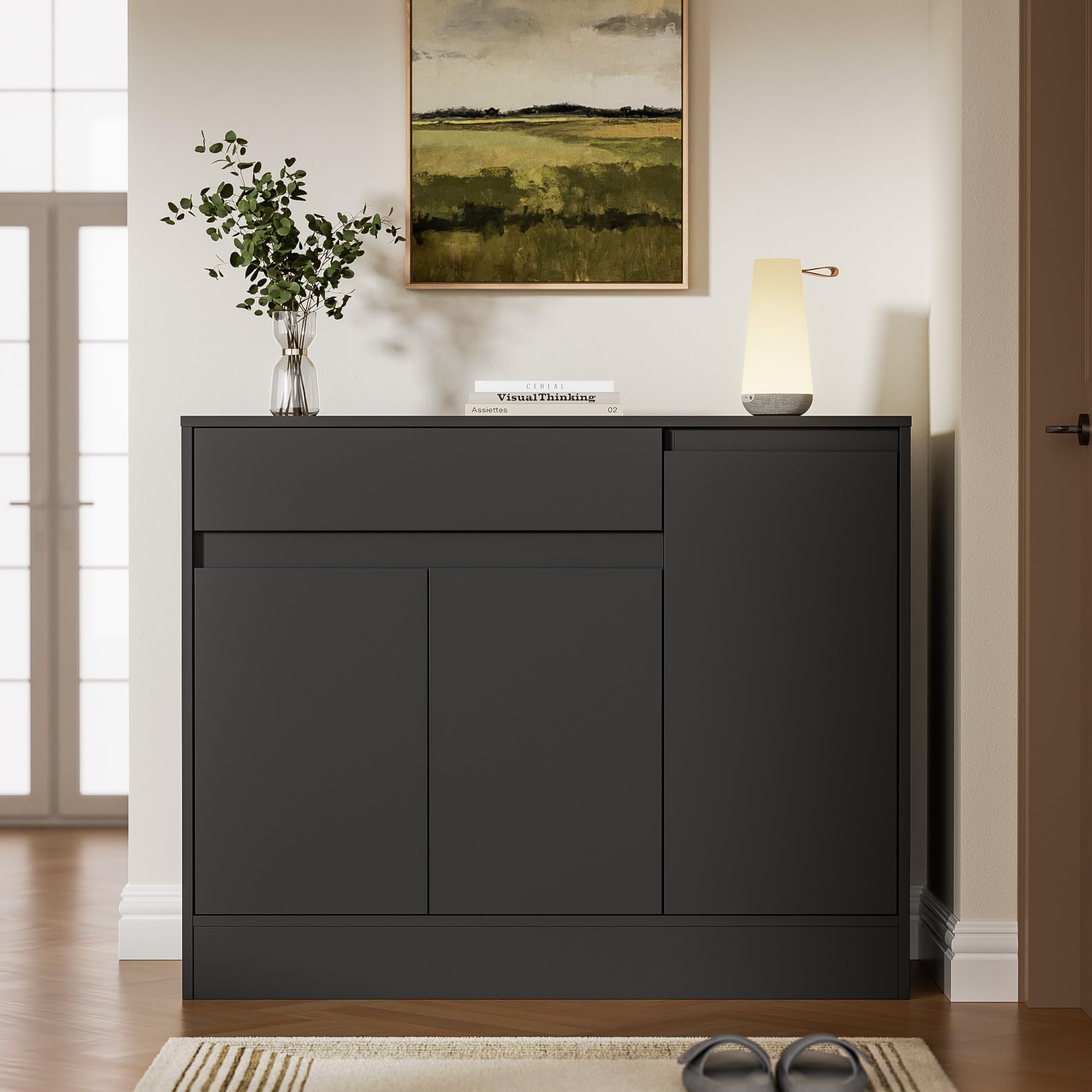 3-Door Wooden Shoe Cabinet with Drawer & Adjustable Shelves - Freestanding Shoe Storage Organizer for Entryway, Hallway, Living Room - Black (Perfect for Small Spaces & Home Organization)