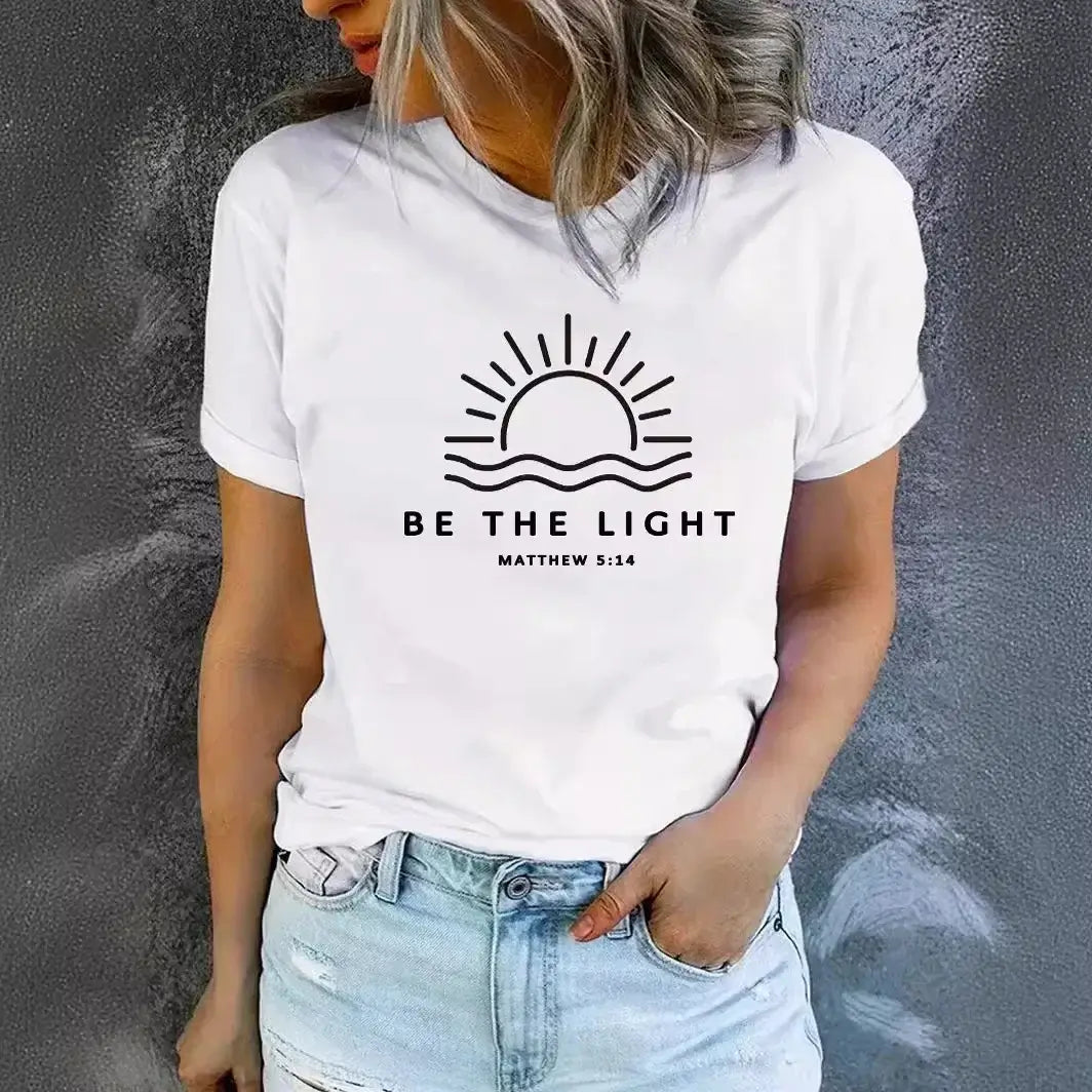 Women's Casual Round Neck 'Be the Light' Graphic T-Shirt - Soft Cotton Tee for Everyday Wear, Street Style & Layering