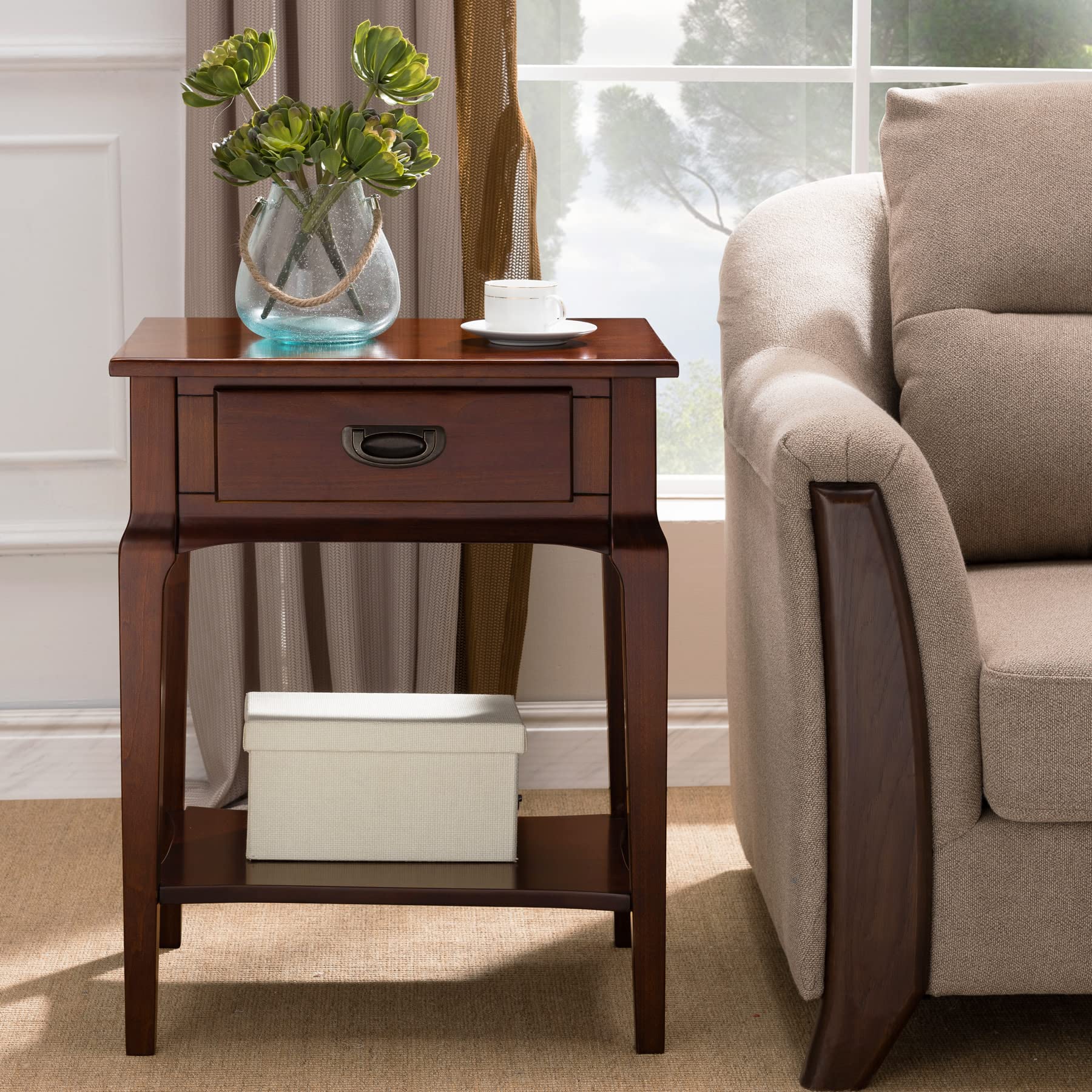 Leick Home 22022 Stratus One Drawer Nightstand with Shelf - Heartwood Cherry Finish Bedside Table for Bedroom, Living Room & Office