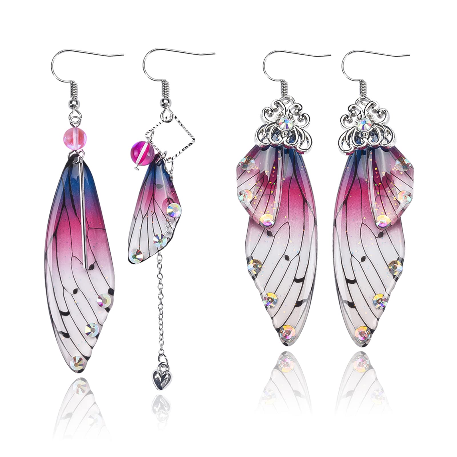 ABONDEVER Cottagecore Butterfly Wing Earrings - 14K Gold Foil Fairy Wing Dangle Earrings & Asymmetrical Drop Earrings for Women | Boho Jewelry, Festival Accessories, Fairycore Fashion