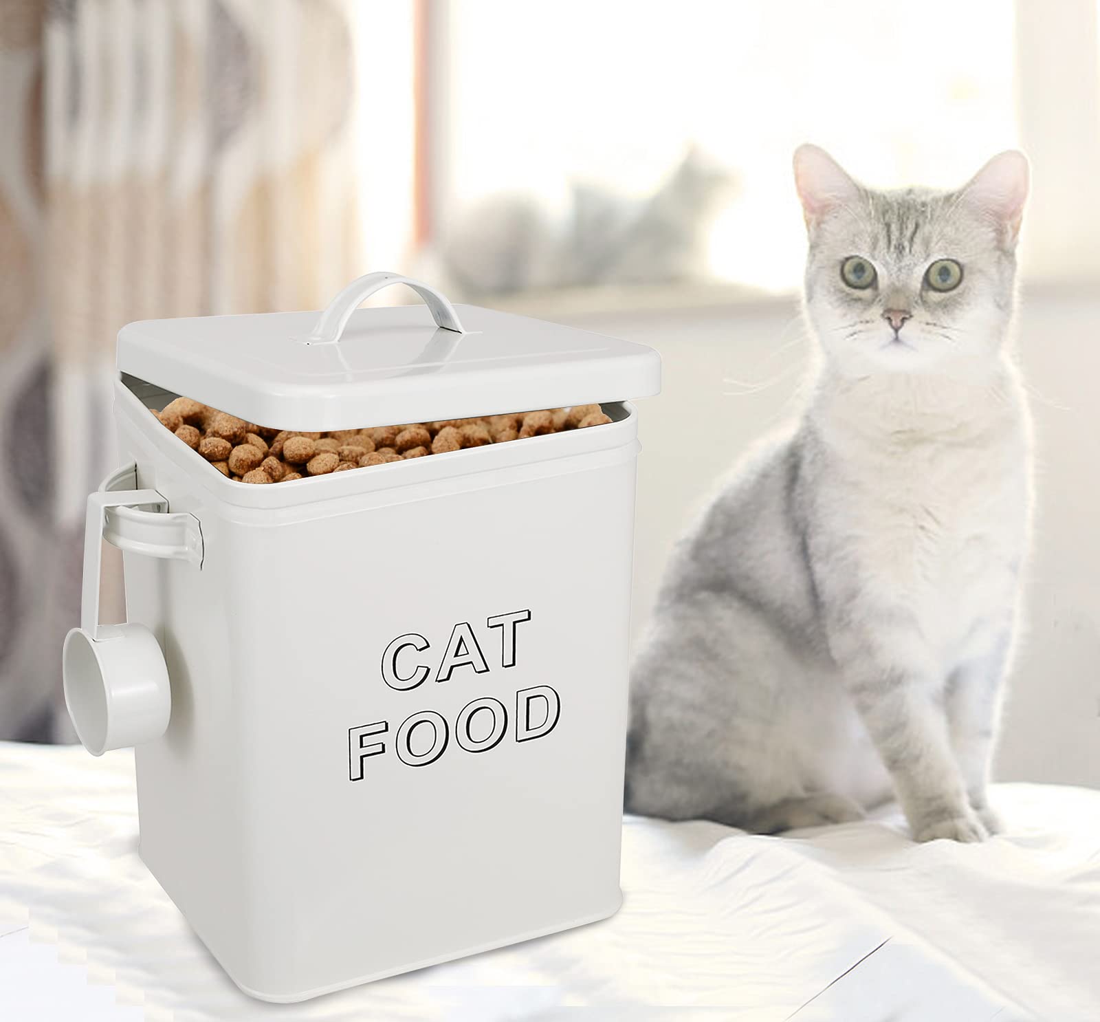 Premium Cat Food and Treat Storage Containers with Scoop - Airtight Wood Lids & Coated Carbon Steel Canisters for Fresh Pet Food - Perfect for Kitchen Pantry or Pet Feeding Station (White)