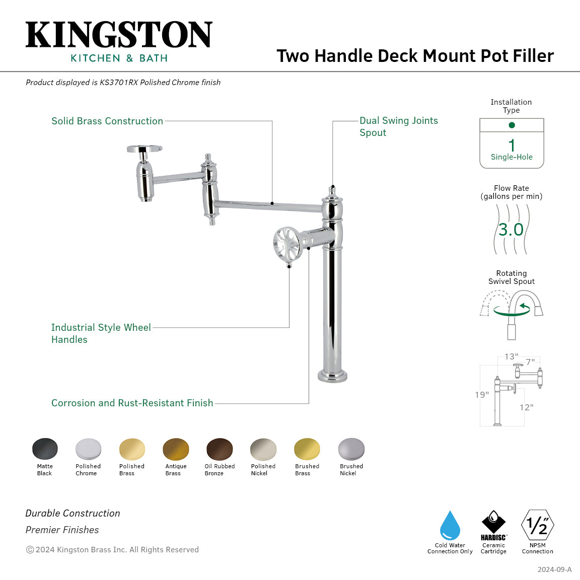 Belknap KS8100RX Matte Black Wall Mount Pot Filler Faucet - Two Handle Commercial Style Kitchen Sink Faucet for Cooking, Filling Pots & Pans - Perfect for Home Chefs & Restaurant Use