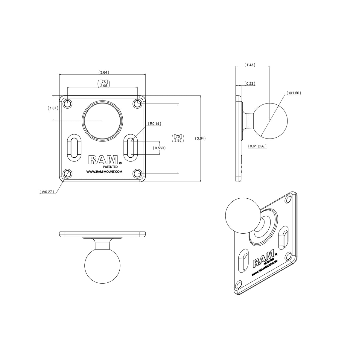 RAM 75mm x 75mm VESA Mount Plate with 1.5