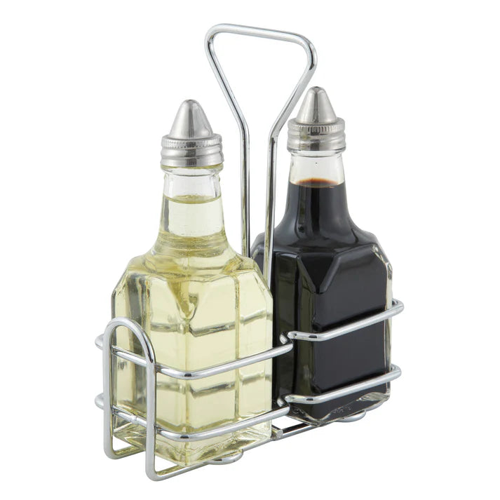 Winco 6 Oz Oil and Vinegar Bottle Cruet Rack - Chrome Plated for Kitchen Countertop, Dining Table, and Restaurant Use