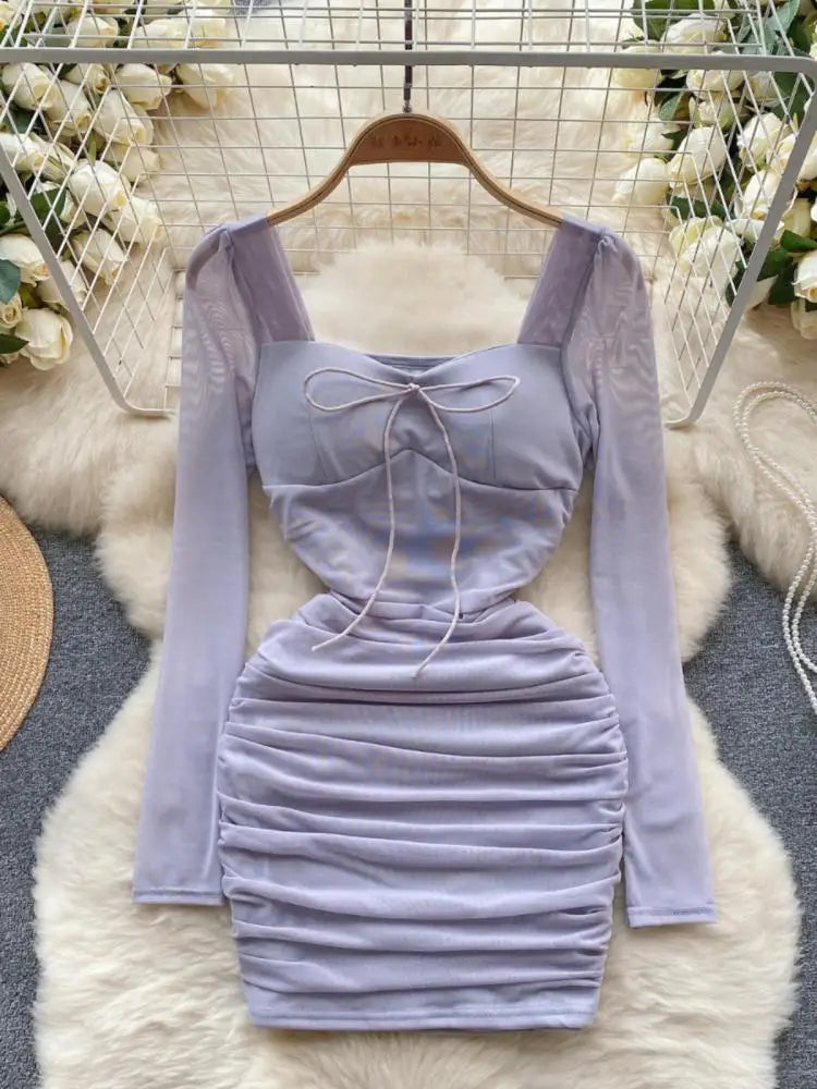 Elegant Black & Pink Mesh Mini Dress for Women - French Purple Square Collar Lace-Up Pleated Party Dress | Perfect for Date Night, Cocktail Parties & Special Occasions
