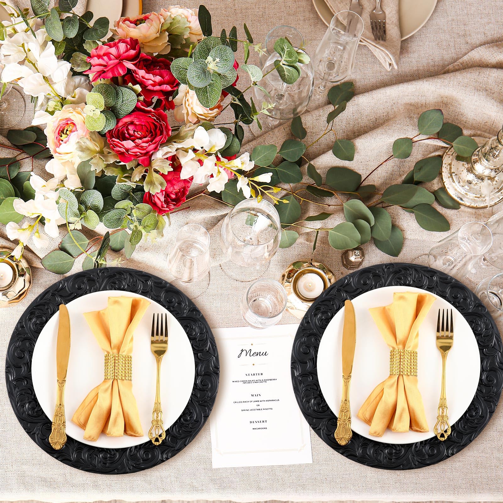 50 Pcs Antique Black Charger Plates - 13 Inch Embossed Rim Plastic Decorative Round Plates for Wedding, Dinner Party & Special Events - Elegant Table Setting Decorations for Formal Dining, Buffets and Holiday Celebrations