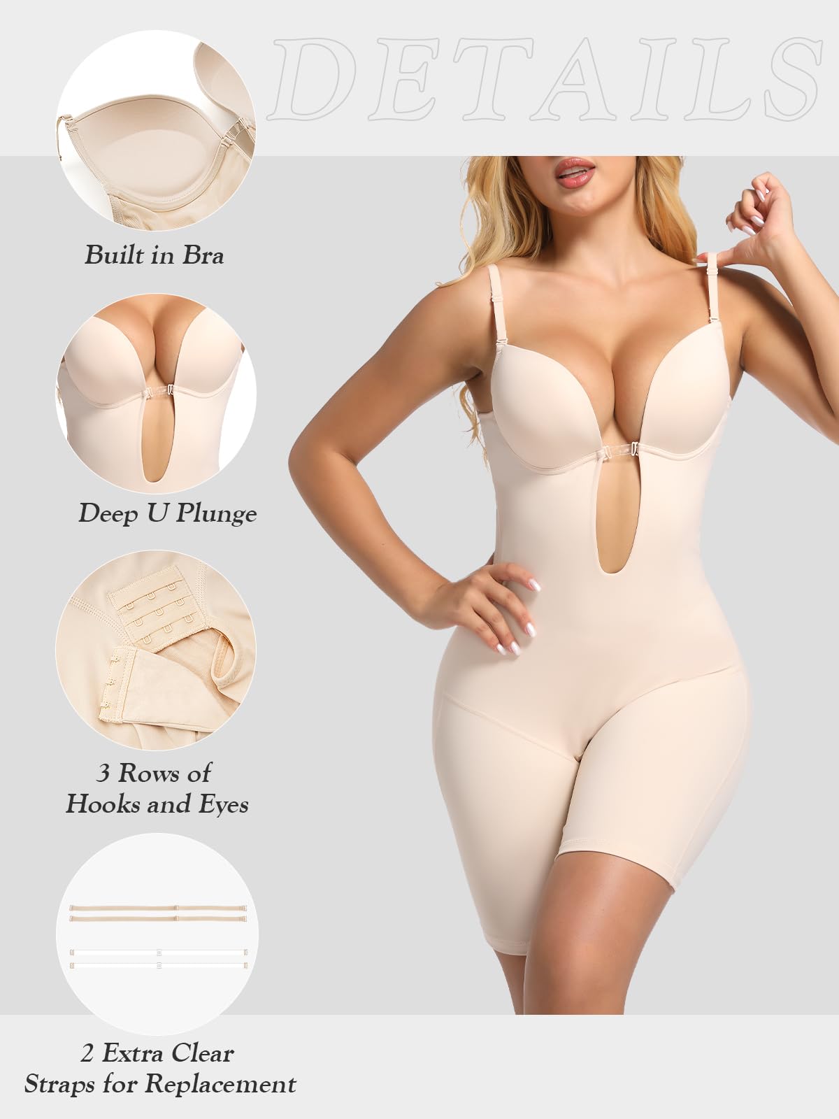 Decorus Backless Shapewear Strapless Bodysuits for Women - Low Back Body Shaper with Full Body Tummy Control & Built-in Plunge Bra | Perfect for Wedding Dresses, Evening Gowns & Formal Events