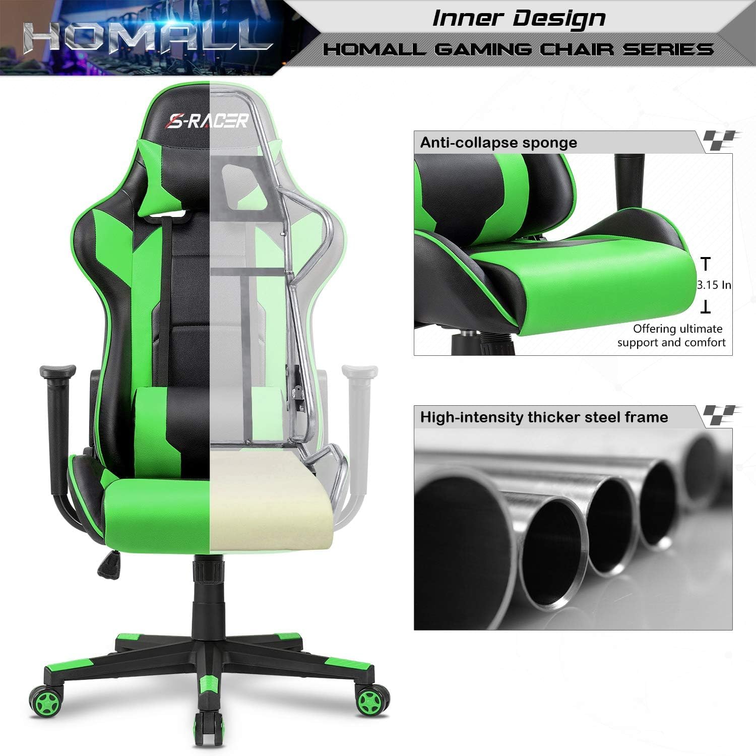 Homall Ergonomic Gaming Chair - High Back Office Chair with Adjustable Headrest & Lumbar Support, Leather Computer Desk Chair for Racing, Executive & Task Work - Perfect for Gaming, Home Office & Workspace (Green)