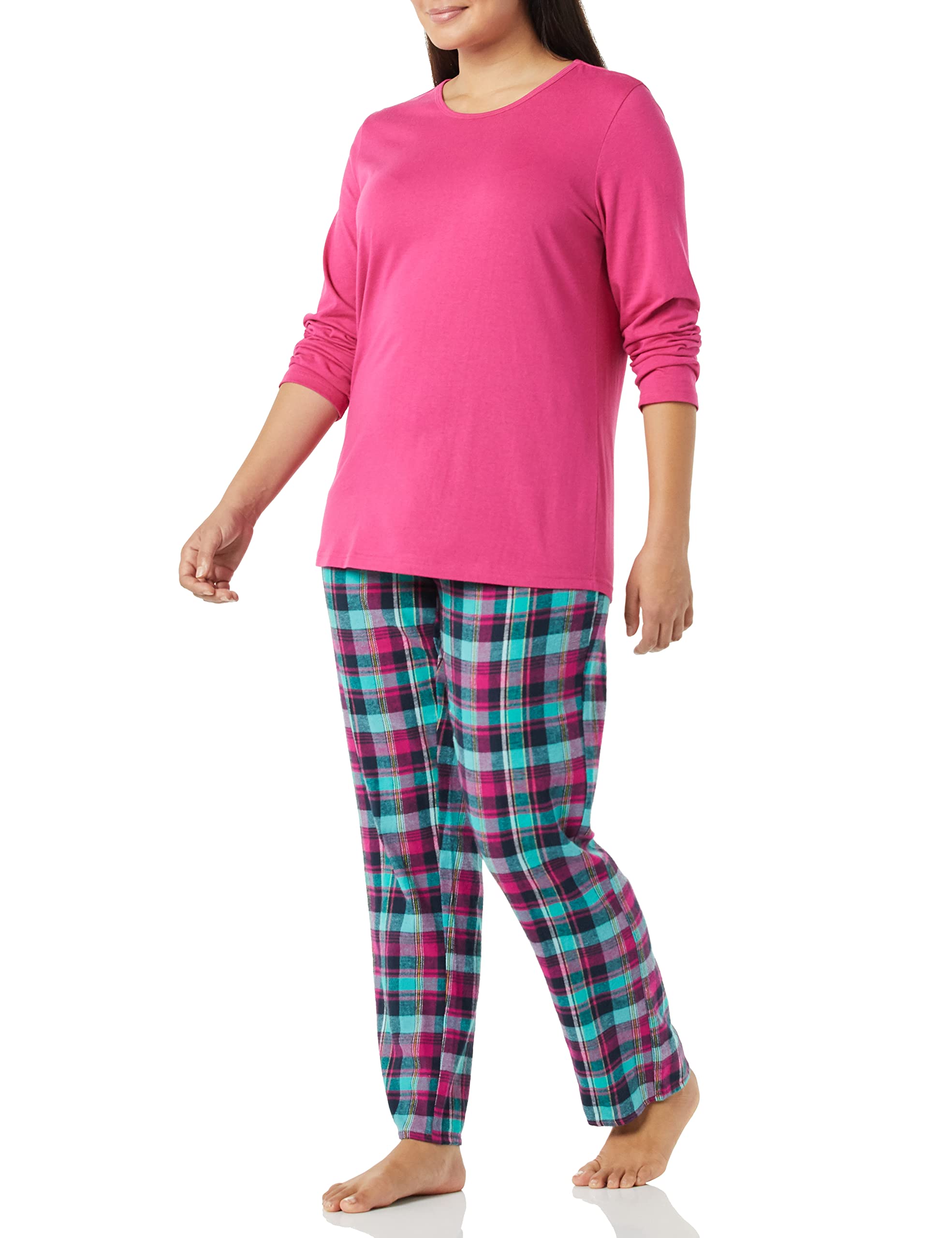 Women's Cotton Knit Pajama Set with Plaid Flannel Lounge Pants - Comfy Sleepwear for Winter Nights & Holiday Season | Cozy Homewear for Relaxing, Lounging & Gift Giving