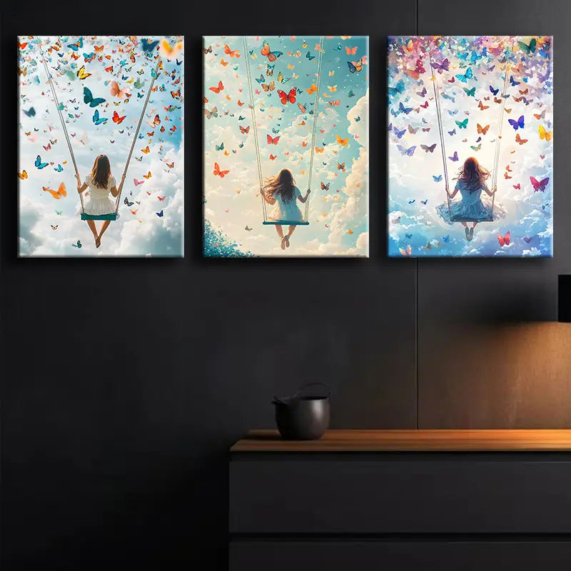 3-Piece 'A Girl on a Swing' Metal Wall Art Prints - Ready to Hang Modern Home Decor for Living Room, Bedroom & Office