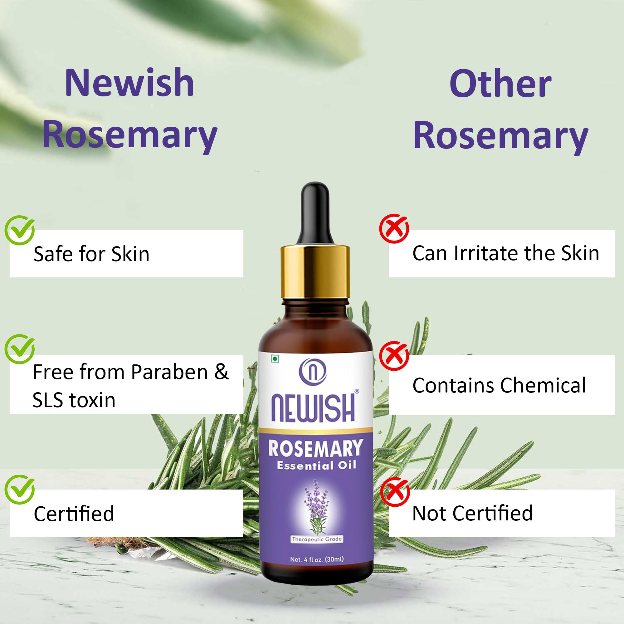 100% Pure Rosemary Essential Oil for Hair Growth & Stress Relief - Undiluted Natural Oil for Hair Fall Control, Skin Care & Nourishment - 30ml Bottle for Aromatherapy, Massage & DIY Beauty Products