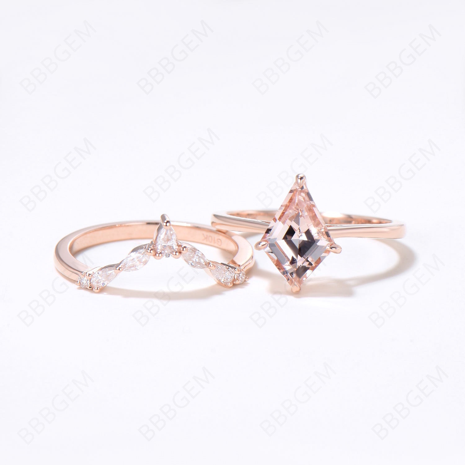 Rose Gold Peach Morganite Engagement Ring Set - Unique Kite Cut Natural Morganite & Moissanite Bridal Ring for Women | Perfect for Proposals, Weddings & Anniversary Gifts