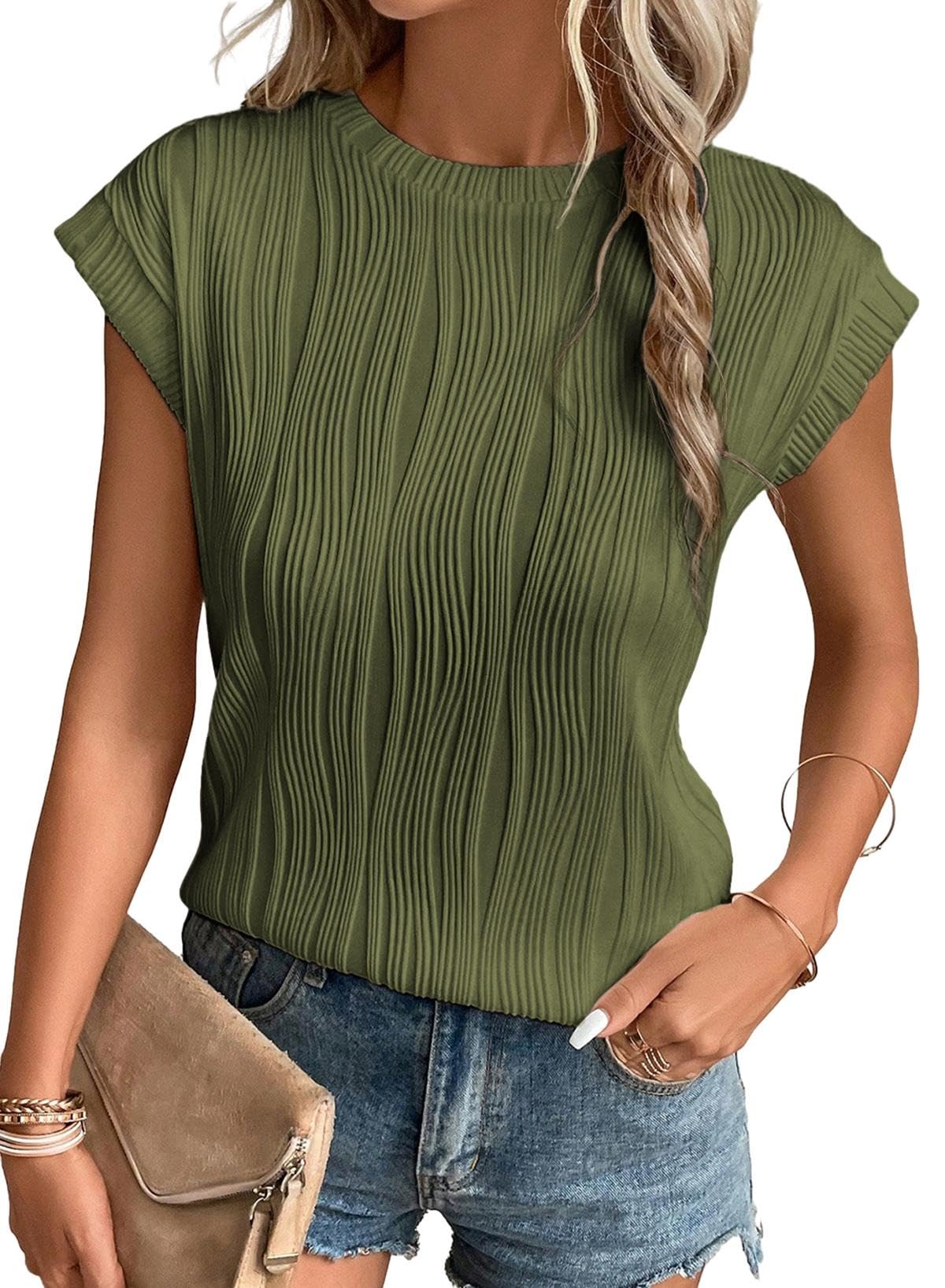 AlvaQ Women's Summer Short Sleeve Textured T-Shirt - Crewneck Basic Loose Fit Casual Top - Solid Color Blouse for Everyday Wear, Outing & Vacation