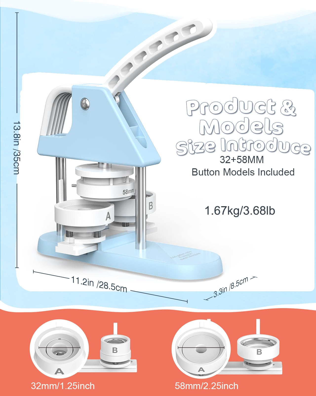 32mm & 58mm Professional Button Maker Machine Kit - Includes 200 Metal Backings, Sturdy Aluminum Body (1.25 & 2.25 Inch) for DIY Badges, Pins & Custom Buttons - Perfect for Craft Fairs, School Projects, Promotions & Personalized Gifts