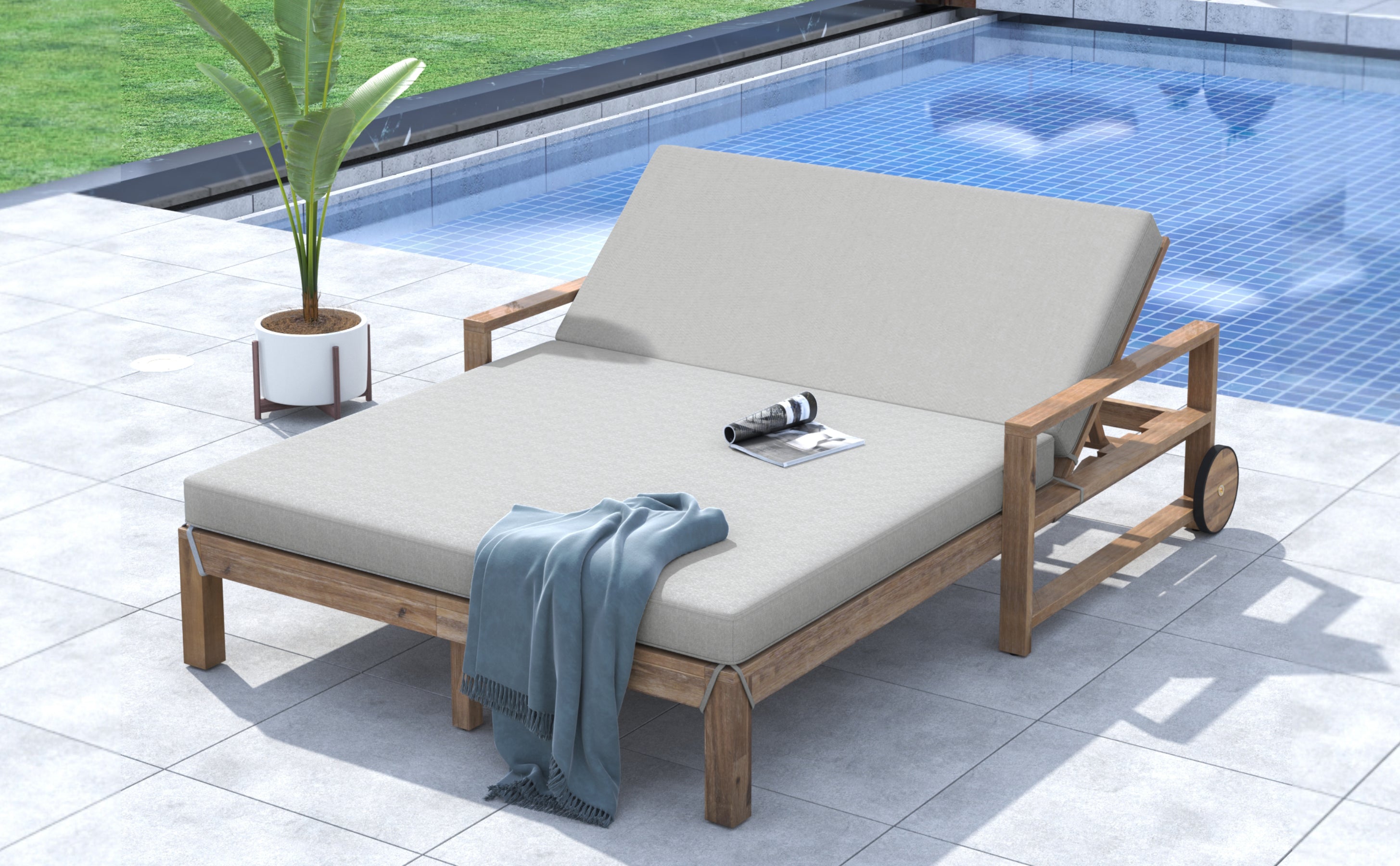 Farmhouse Style Wooden Outdoor Sunbed - 2 Person Daybed for Poolside, Garden & Backyard Relaxation | Weather-Resistant Grey Patio Furniture for Lounging, Sunbathing & Outdoor Entertaining
