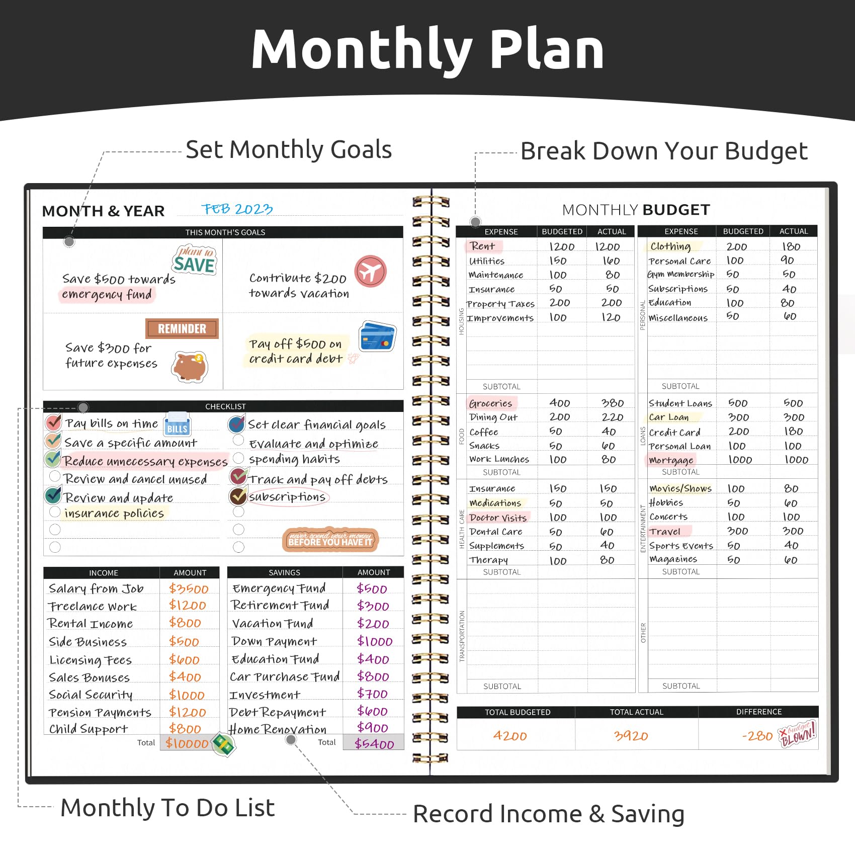 2024-2025 Monthly Budget Planner & Expense Tracker Notebook - Undated Finance Organizer with Bill Management for Money Control | Personal Accounting Book for Savings Goals & Financial Planning (Black)