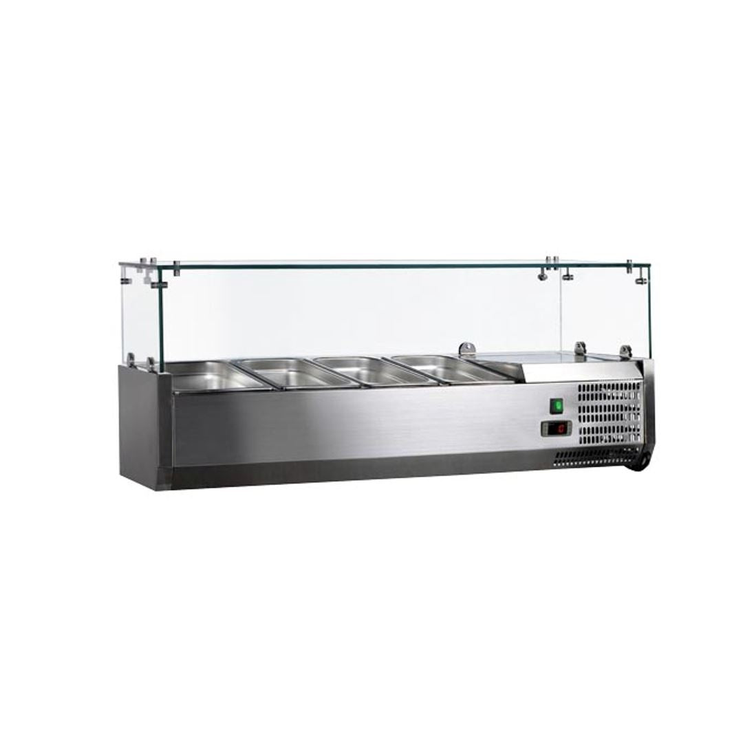 Nella 47 Refrigerated Topping Rail with Glass Guard & 8 1/6 Pan Capacity - 120V Commercial Refrigerated Food Display Case for Restaurants, Cafes, and Buffets